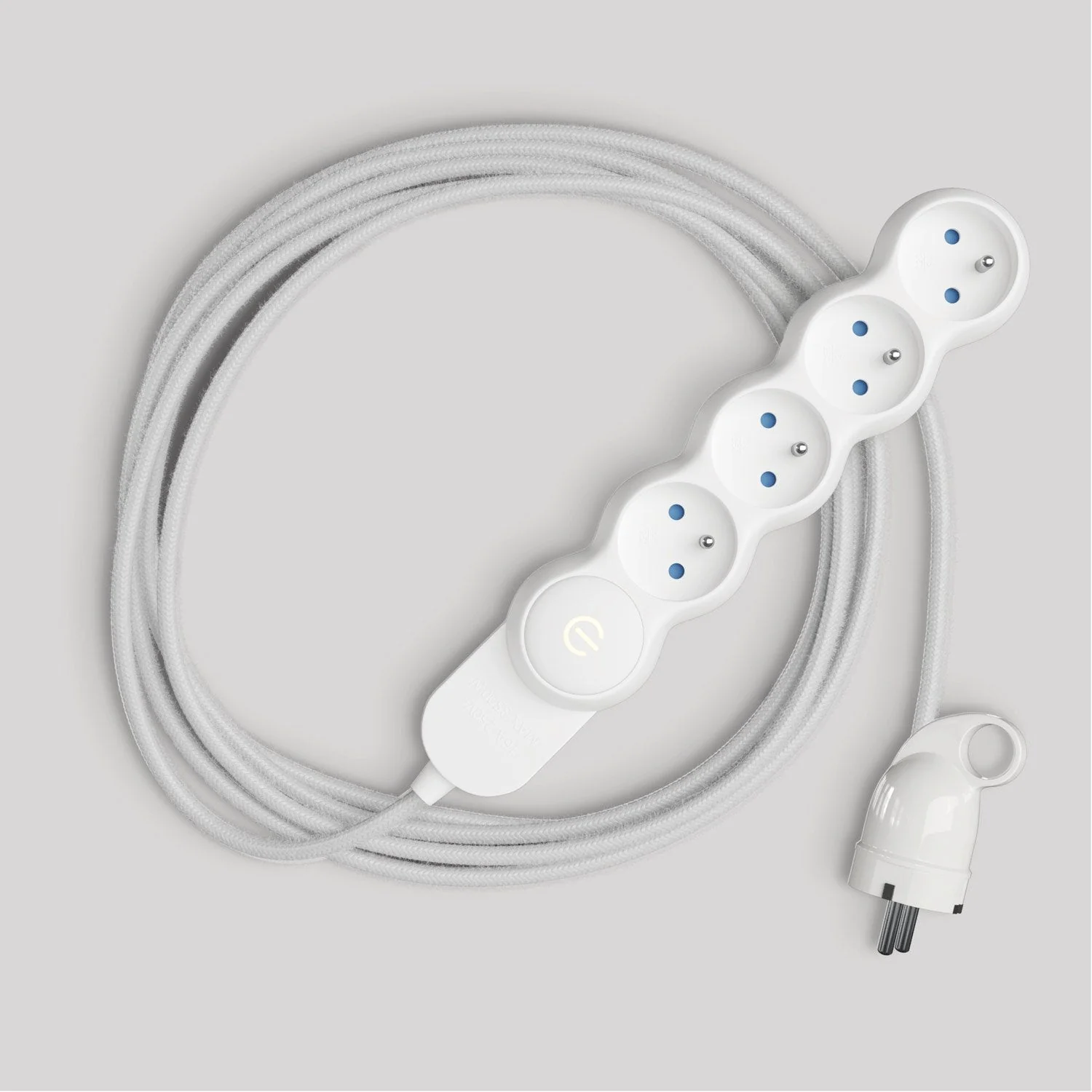 French multi-socket with glossy white fabric cord and Schuko plug with comfort ring