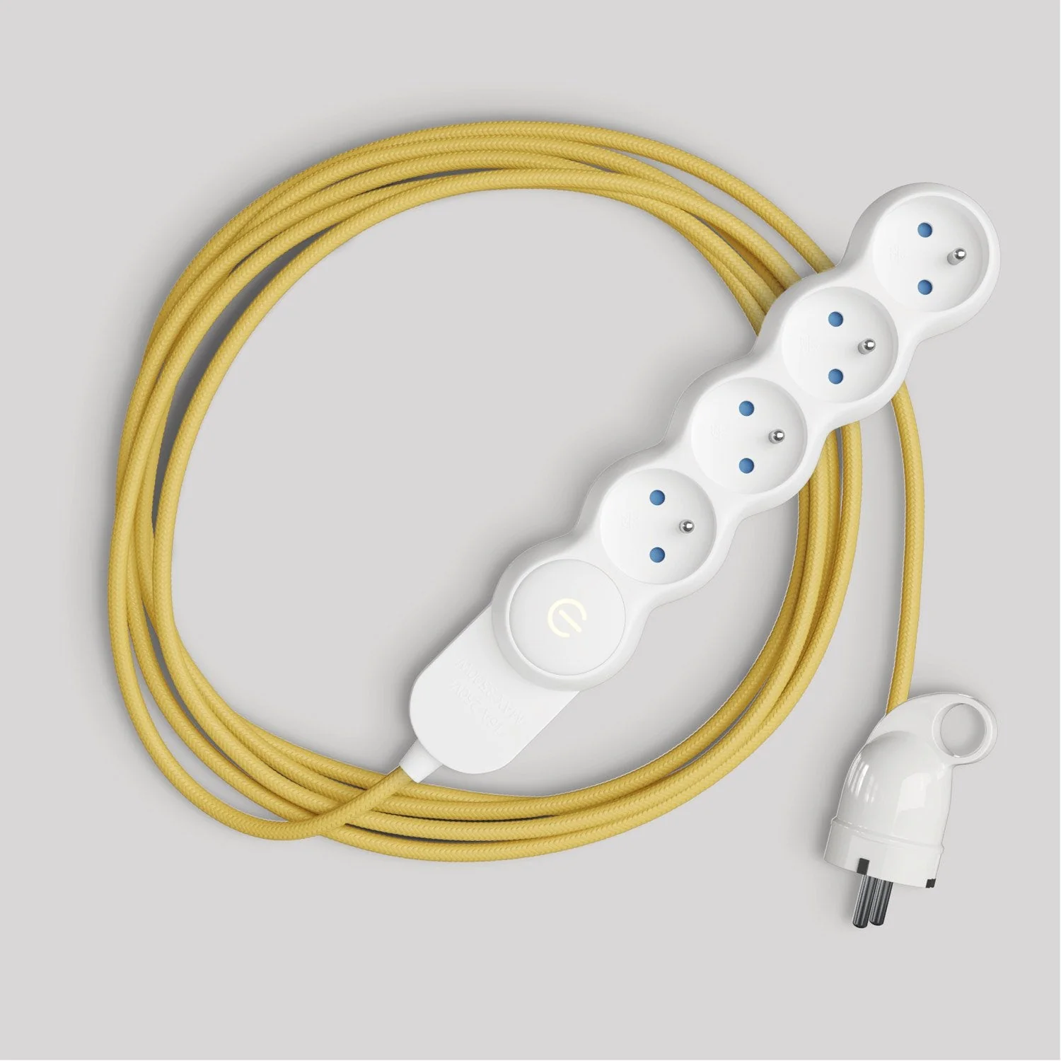 French multi-socket with shiny yellow fabric cord and Schuko plug with comfort ring