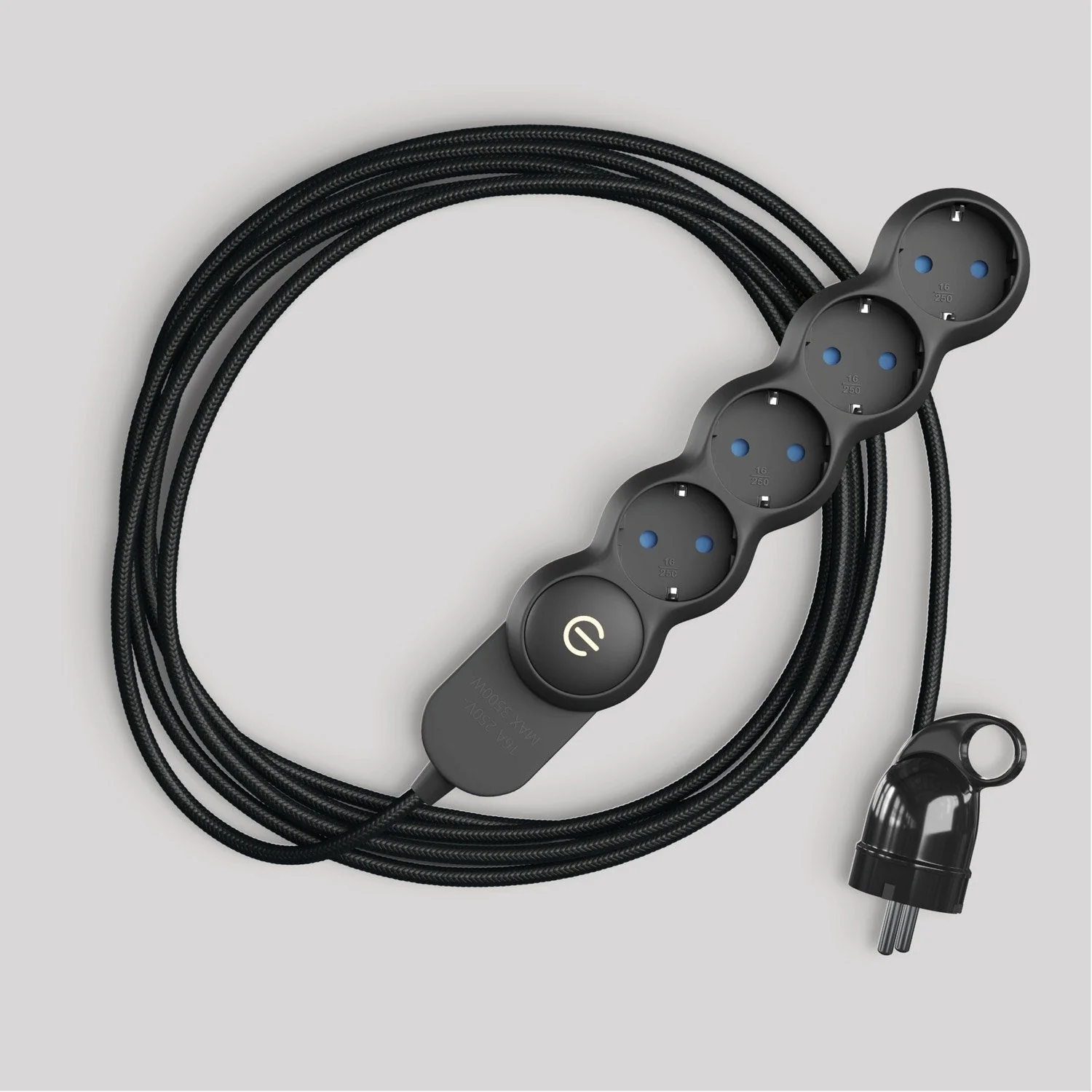German multi-socket with glossy black fabric cord and Schuko plug with comfort ring - Image 3