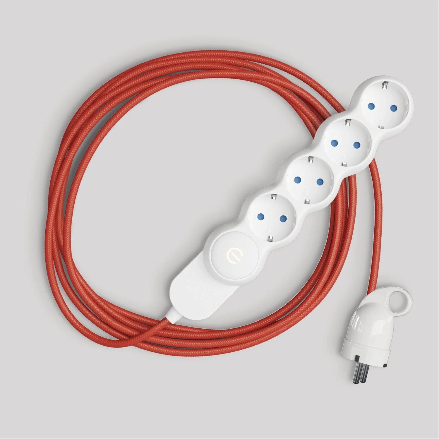 German multi-socket with glossy red fabric cord and Schuko plug with comfort ring