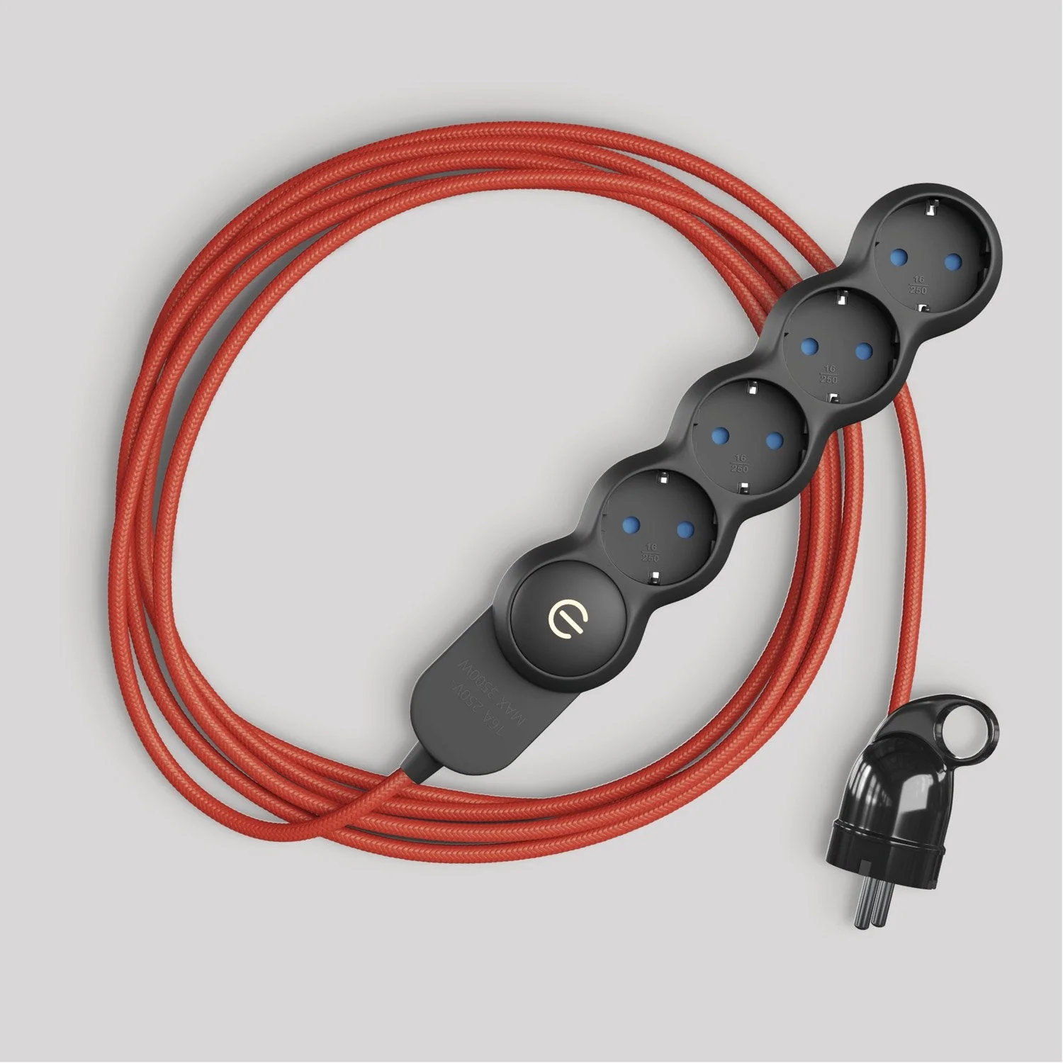 German multi-socket with glossy red fabric cord and Schuko plug with comfort ring - Image 3
