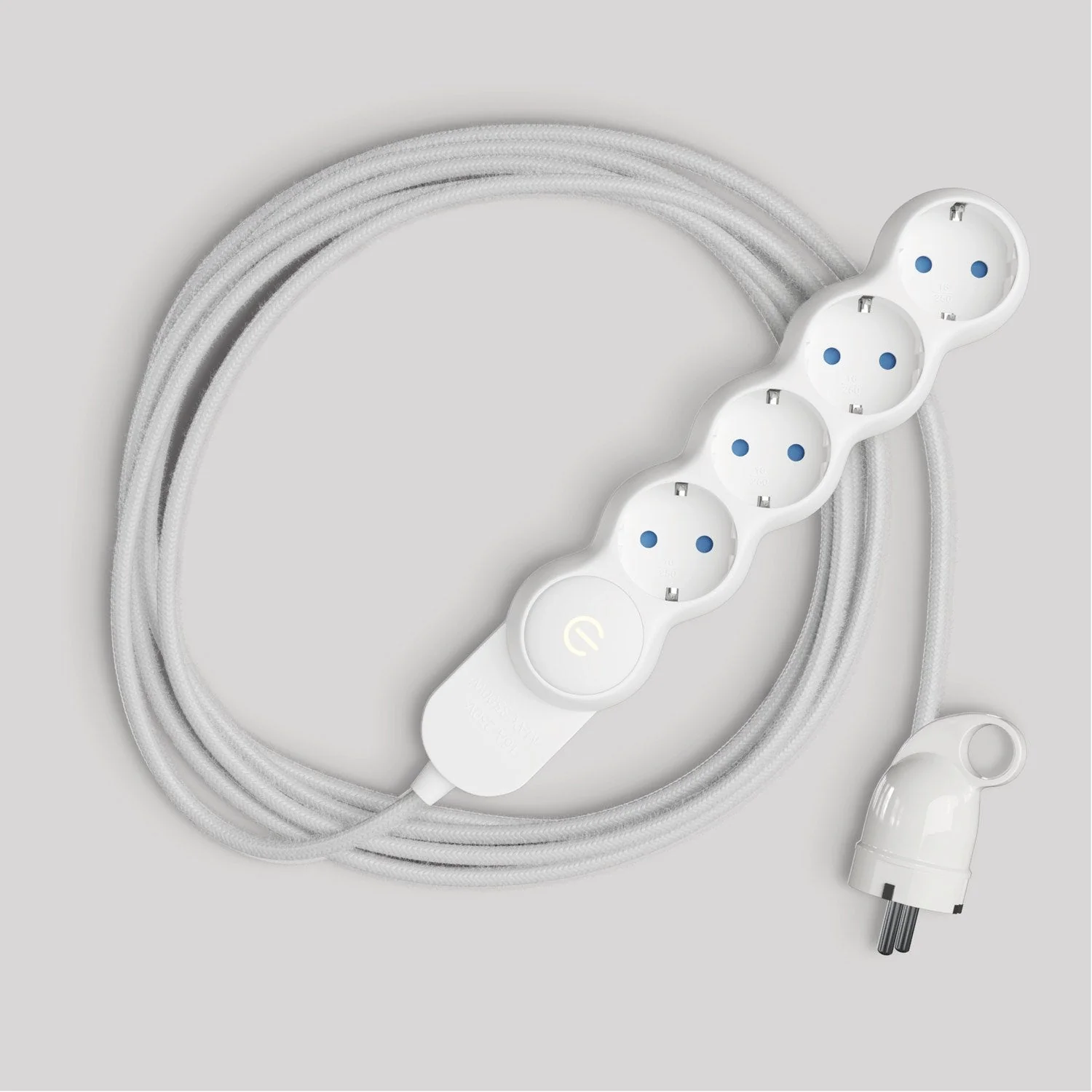 German multi-socket with glossy white fabric cord and Schuko plug with comfort ring