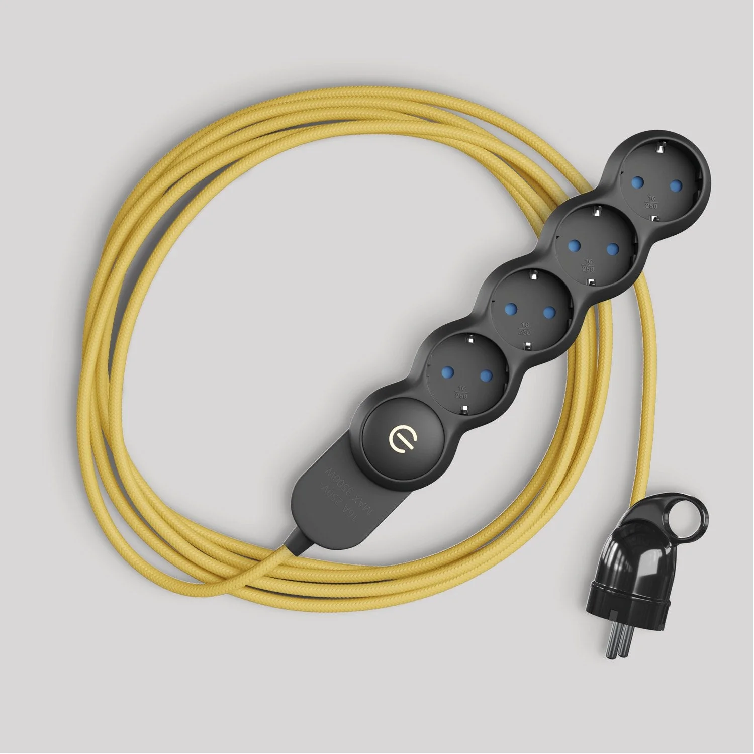 German multi-socket with glossy yellow fabric cord and Schuko plug with comfort ring - Image 3