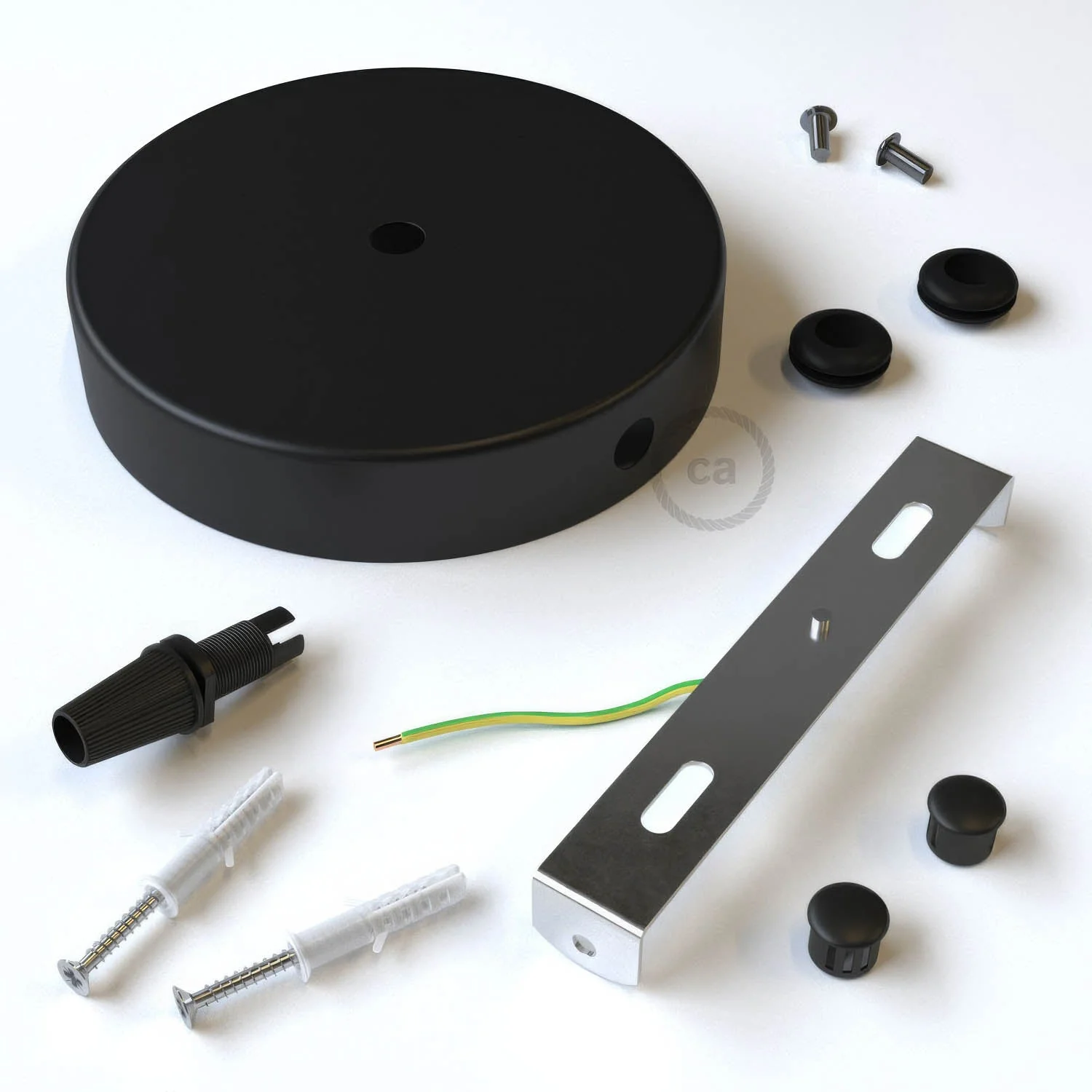 Cylindrical ceiling rose kit in metal with 1 central hole and 2 side holes - Black - Image 3