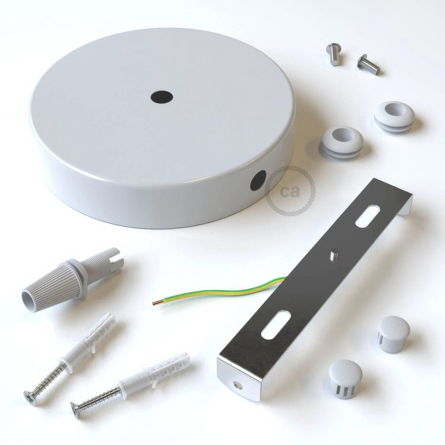 Cylindrical metal ceiling rose kit with 1 central hole and 2 side holes - Glossy white - Image 3