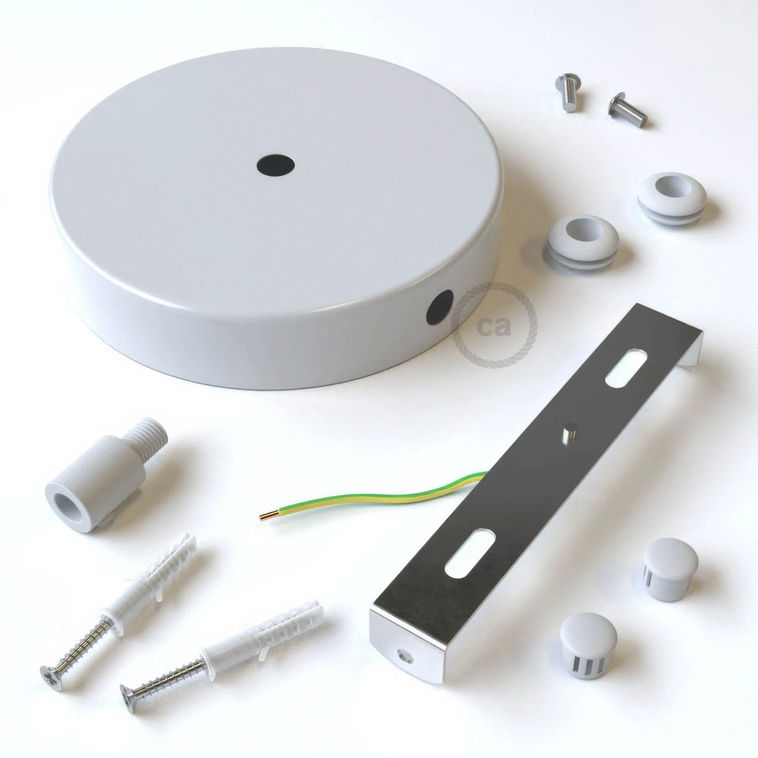 Cylindrical metal ceiling rose kit with 1 central hole and 2 side holes - Glossy white - Image 8