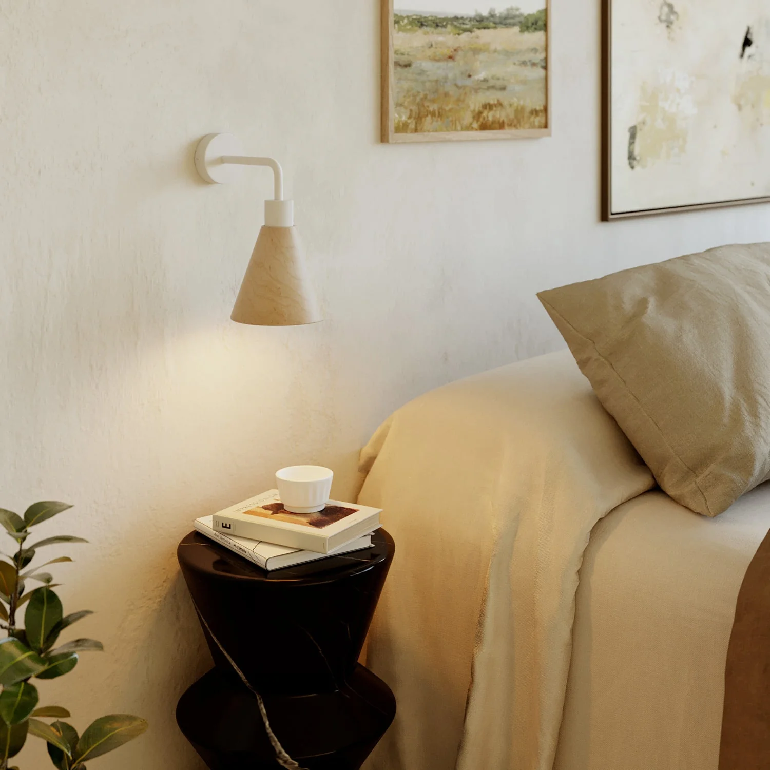 Fermaluce lamp with conical wooden lampshade and curved extension - Matt white - Image 2