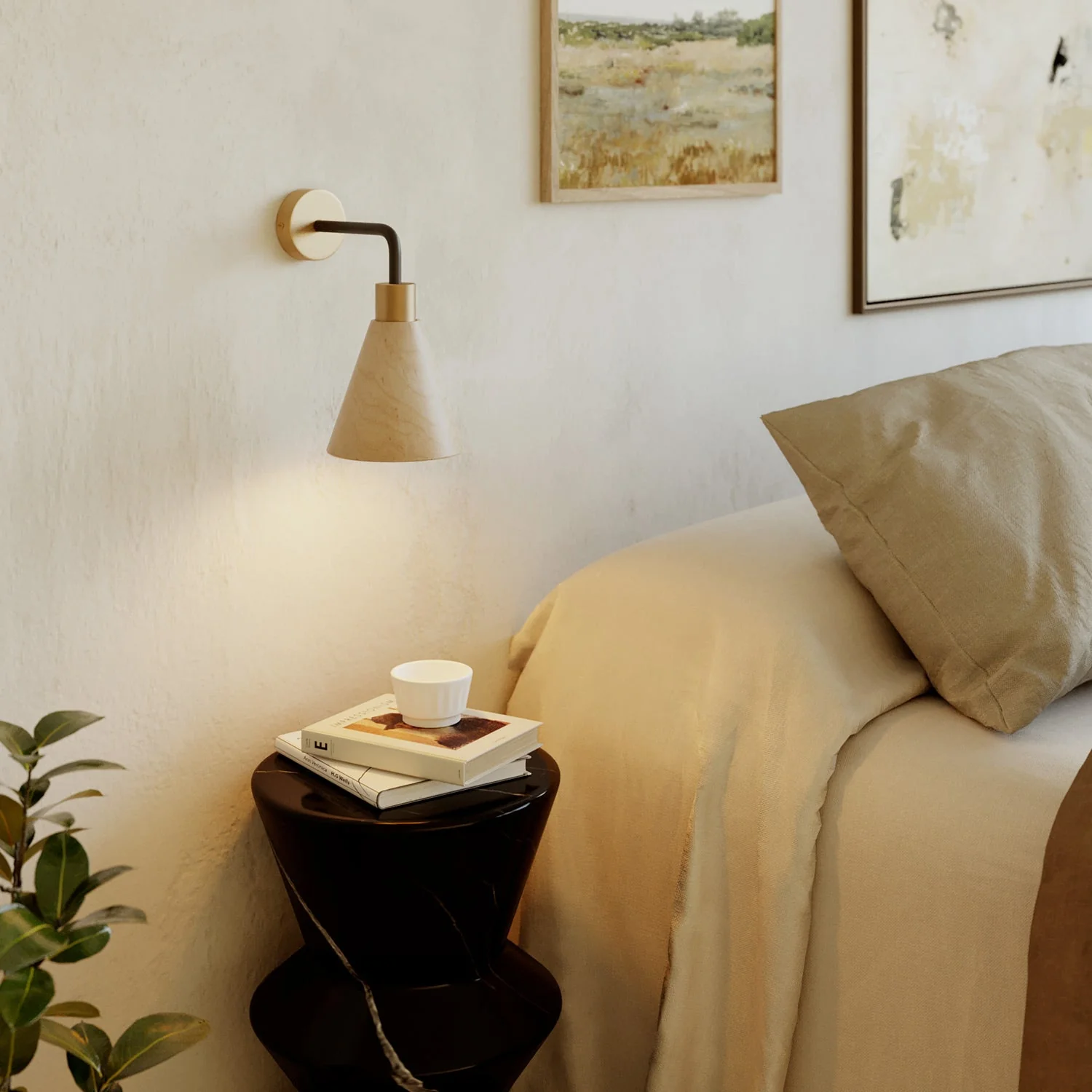 Fermaluce lamp with conical wooden lampshade and curved extension - Satin bronze - Image 2