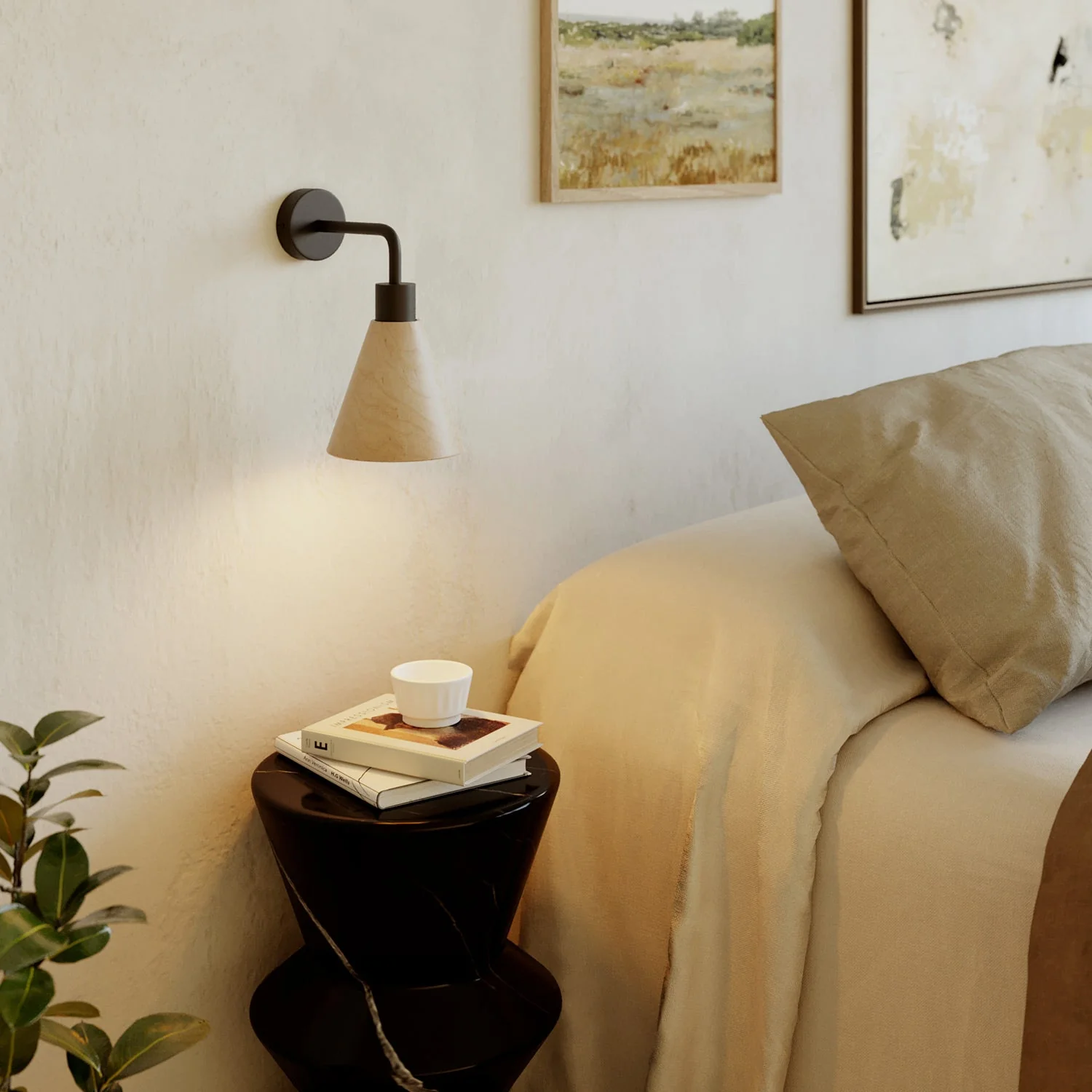 Fermaluce lamp with conical wooden lampshade and curved extension - Black - Image 2