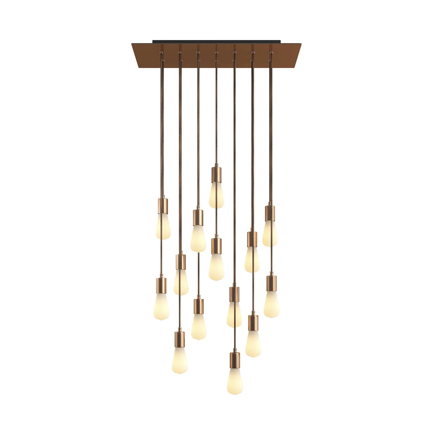 14-drop pendant lamp with XXL Rose-One rectangular 675 mm ceiling rose and satin copper metal finishes