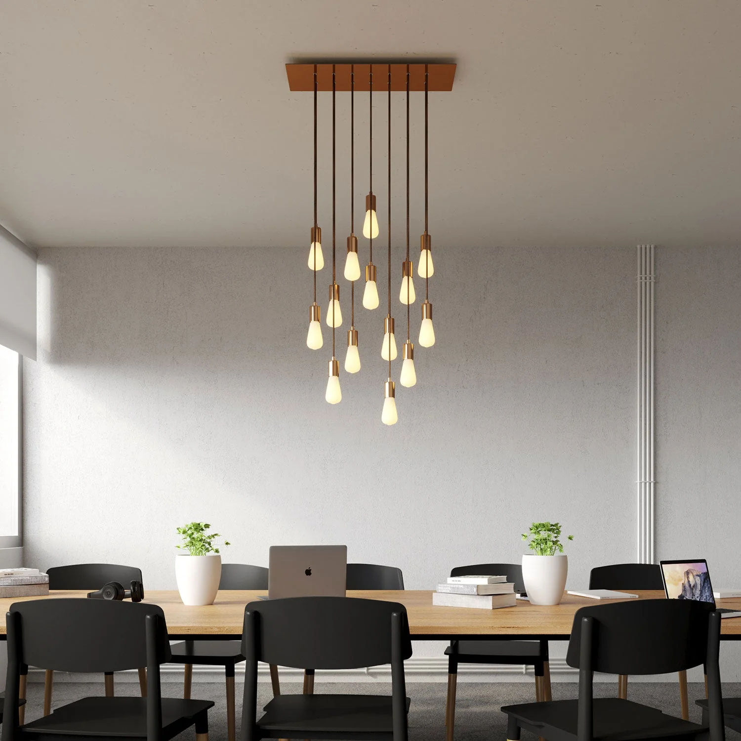 14-drop pendant lamp with XXL Rose-One rectangular 675 mm ceiling rose and satin copper metal finishes - Image 2