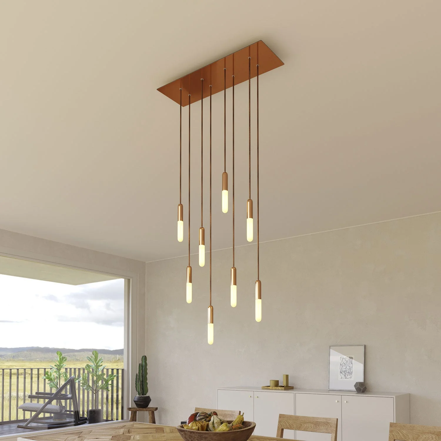 8-drop pendant lamp with XXL rectangular Rose-One 675 mm with metal finishes - Satin copper - Image 2