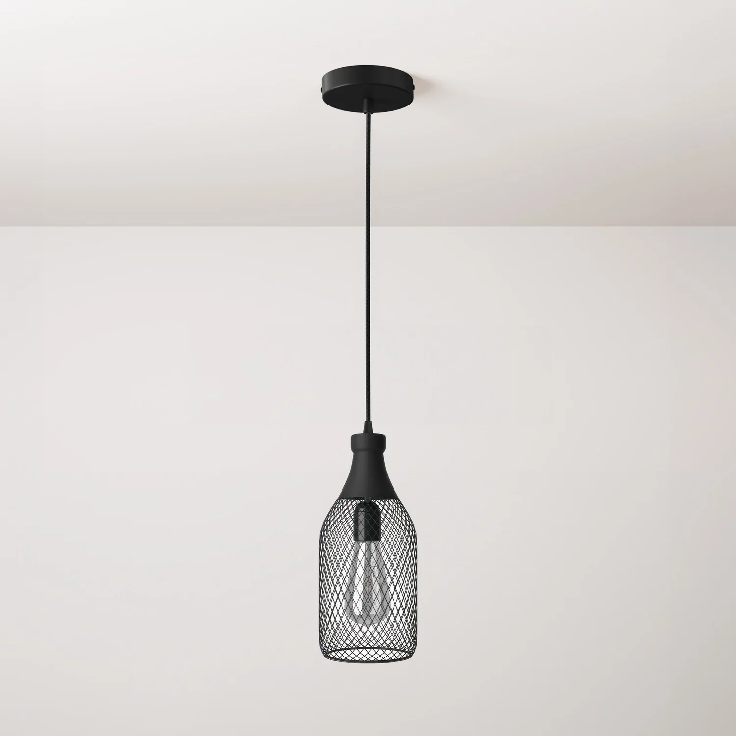 Pendant lamp complete with fabric cable, Jéroboam bottle lampshade and metal finishes - Black