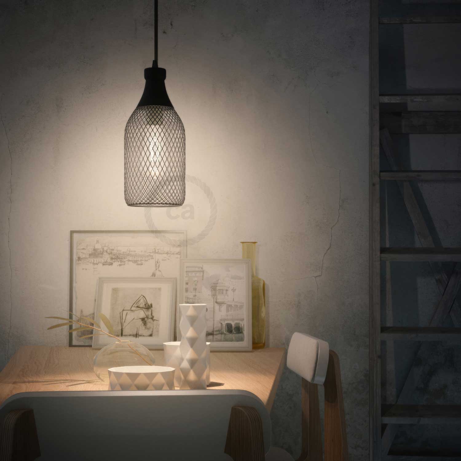 Pendant lamp complete with fabric cable, Jéroboam bottle lampshade and metal finishes - Black - Image 2