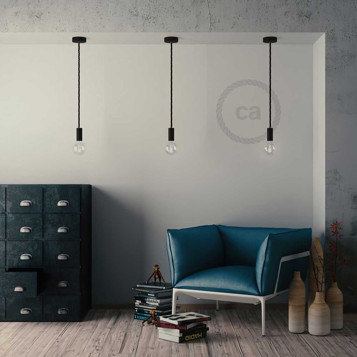 Pendant lamp complete with XL 16 mm nautical cord with painted wood finishes - Black - Image 3