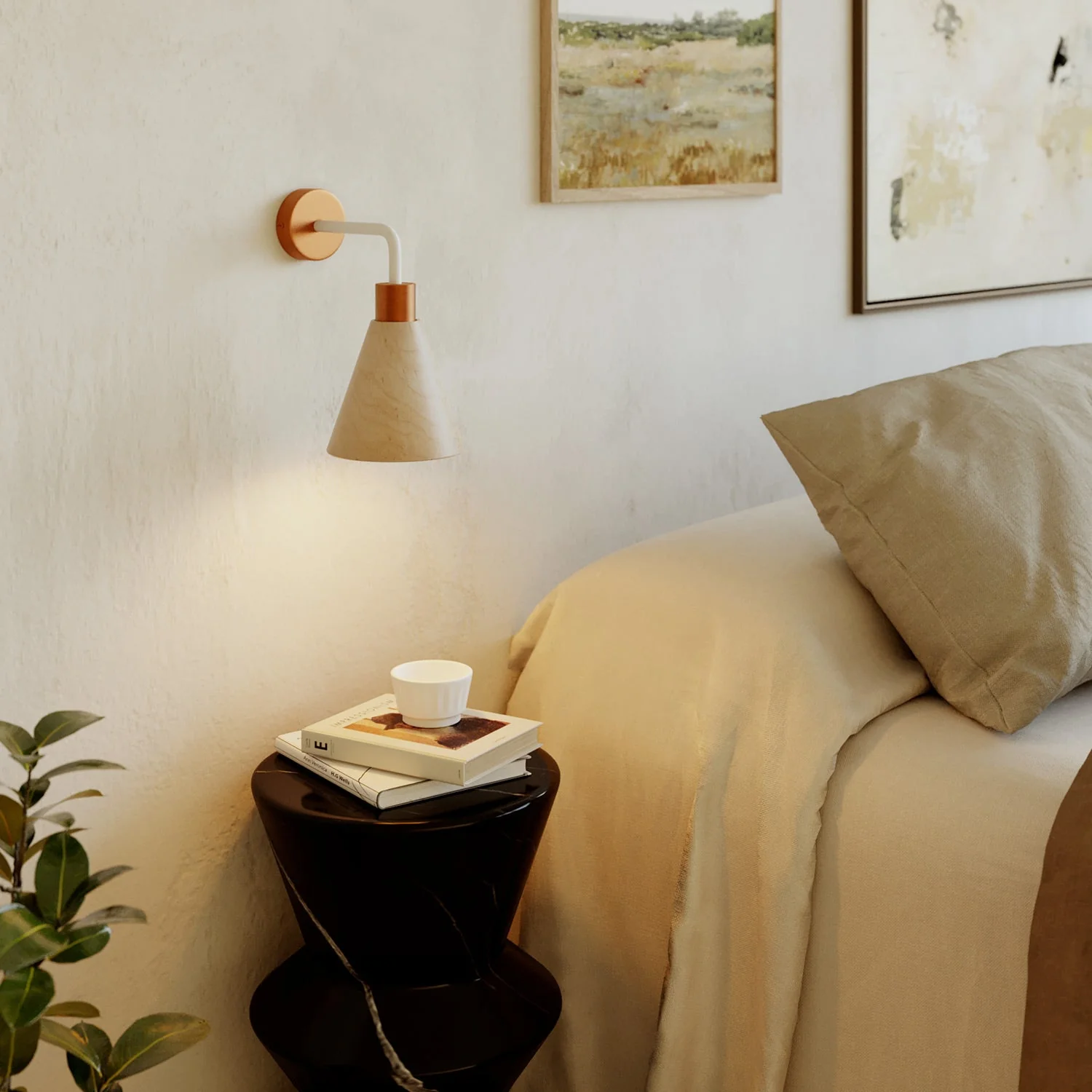 Fermaluce lamp with conical wooden lampshade and curved extension - Satin copper - Image 2