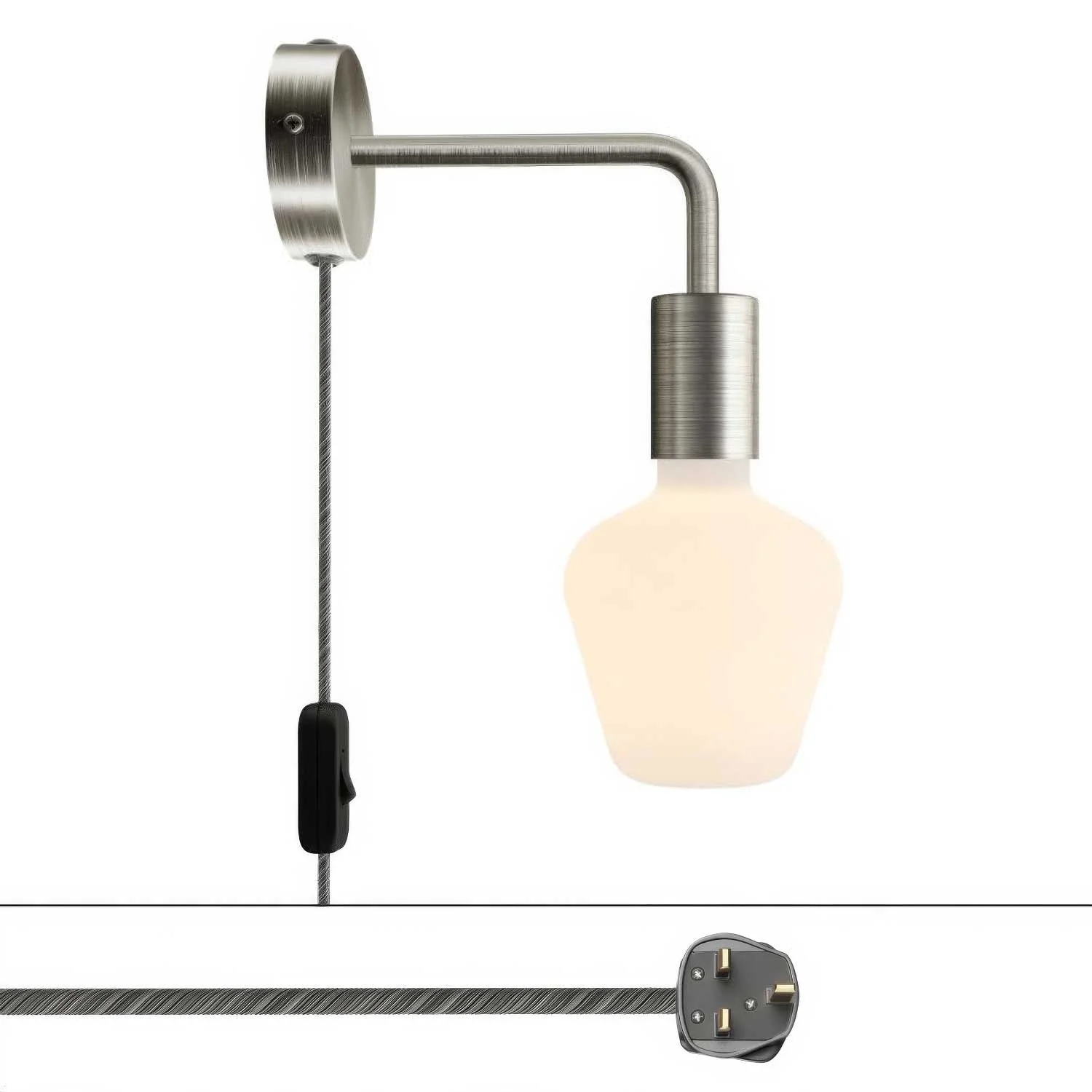 Spostaluce metal lamp with curved extension and UK plug - Satin titanium