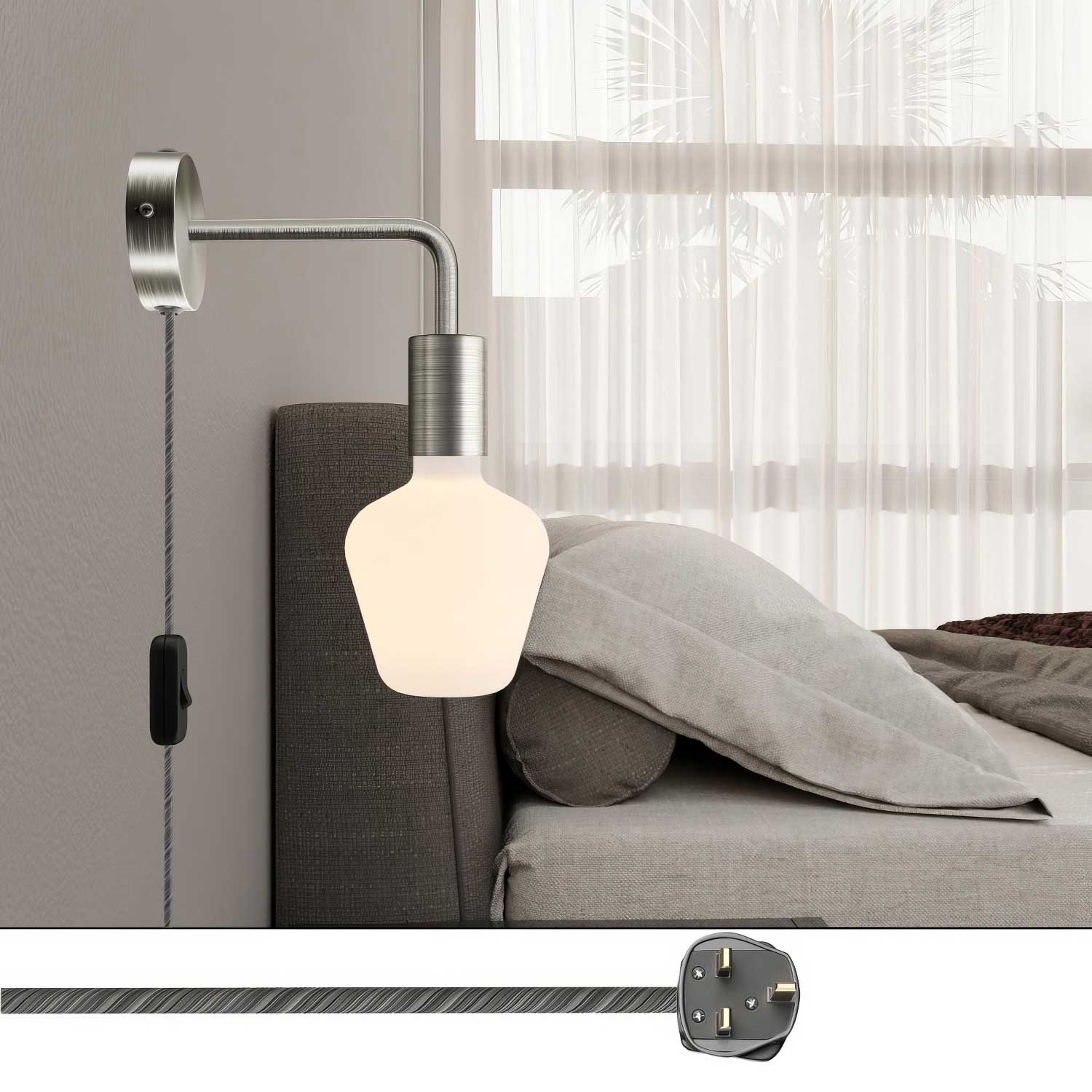 Spostaluce metal lamp with curved extension and UK plug - Satin titanium - Image 2