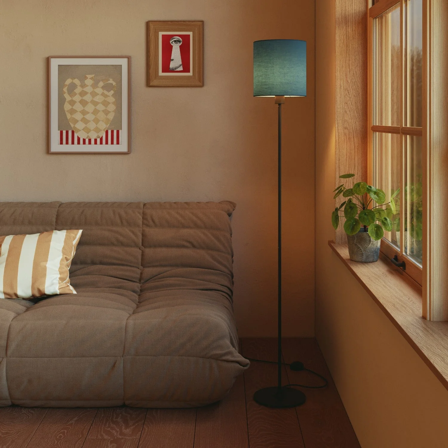 Cylindrical M lampshade in fabric with E27 fitting - Made in Italy - Pale blue canvas - Image 2