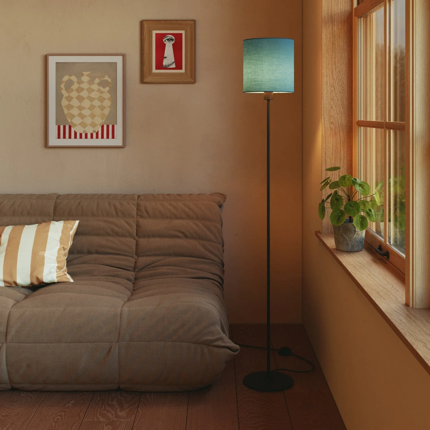 Cylindrical M Lampshade in fabric with E27 fitting - Made in Italy - Verde Dubbio Cloth - Image 2