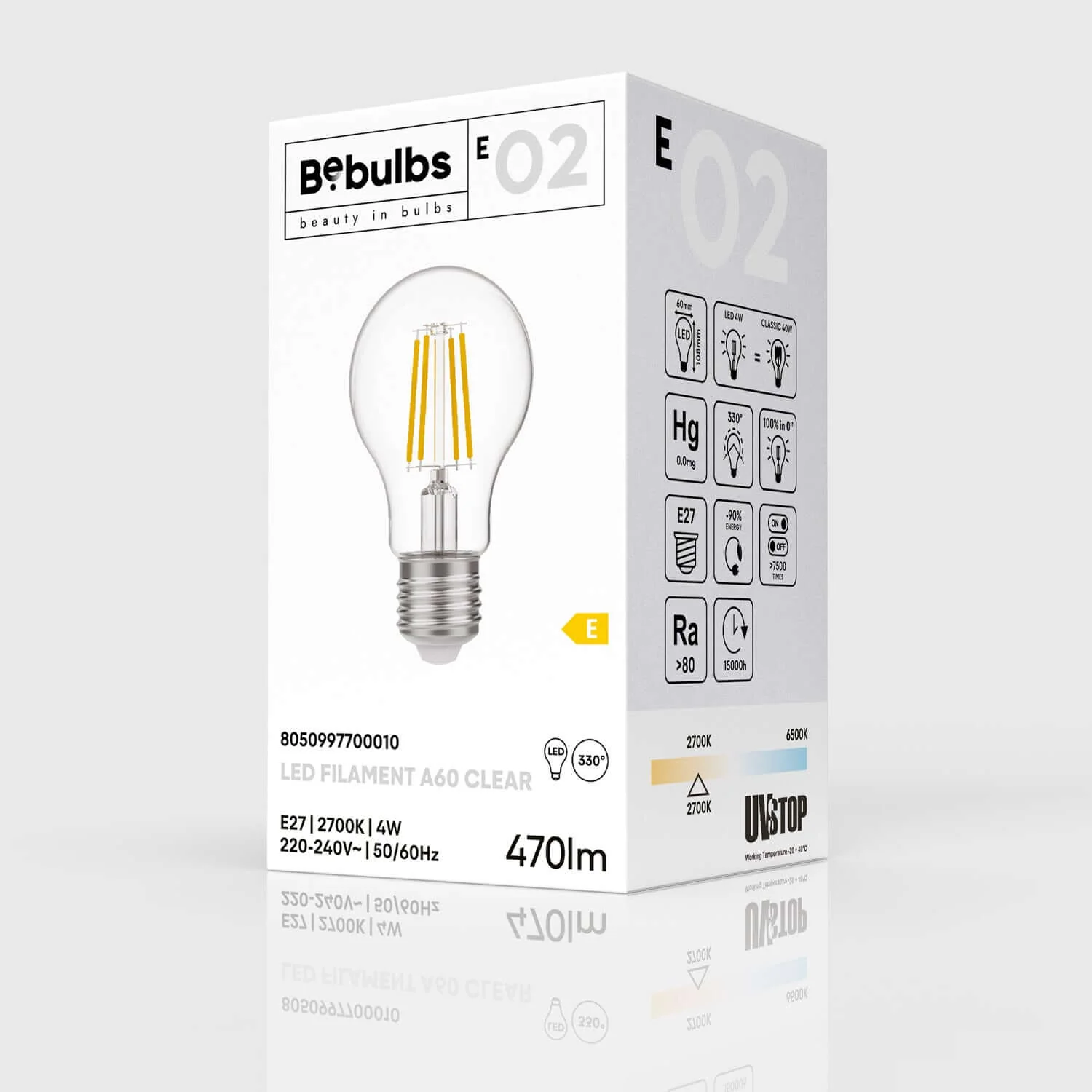 LED Light bulb Transparent Drop A60 4W 470Lm E27 2700K - E02 - Image 4