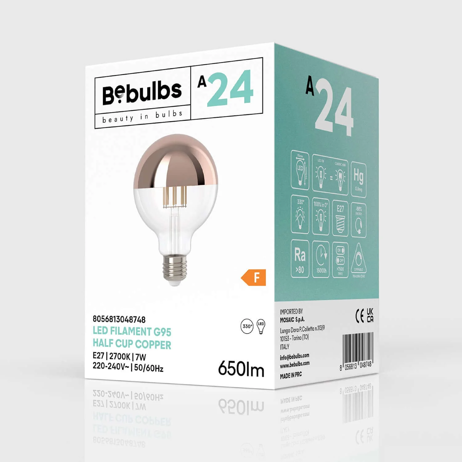 LED Light bulb Half Sphere Copper Globo G95 7W 650Lm E27 2700K Dimmable – A24 - Image 4