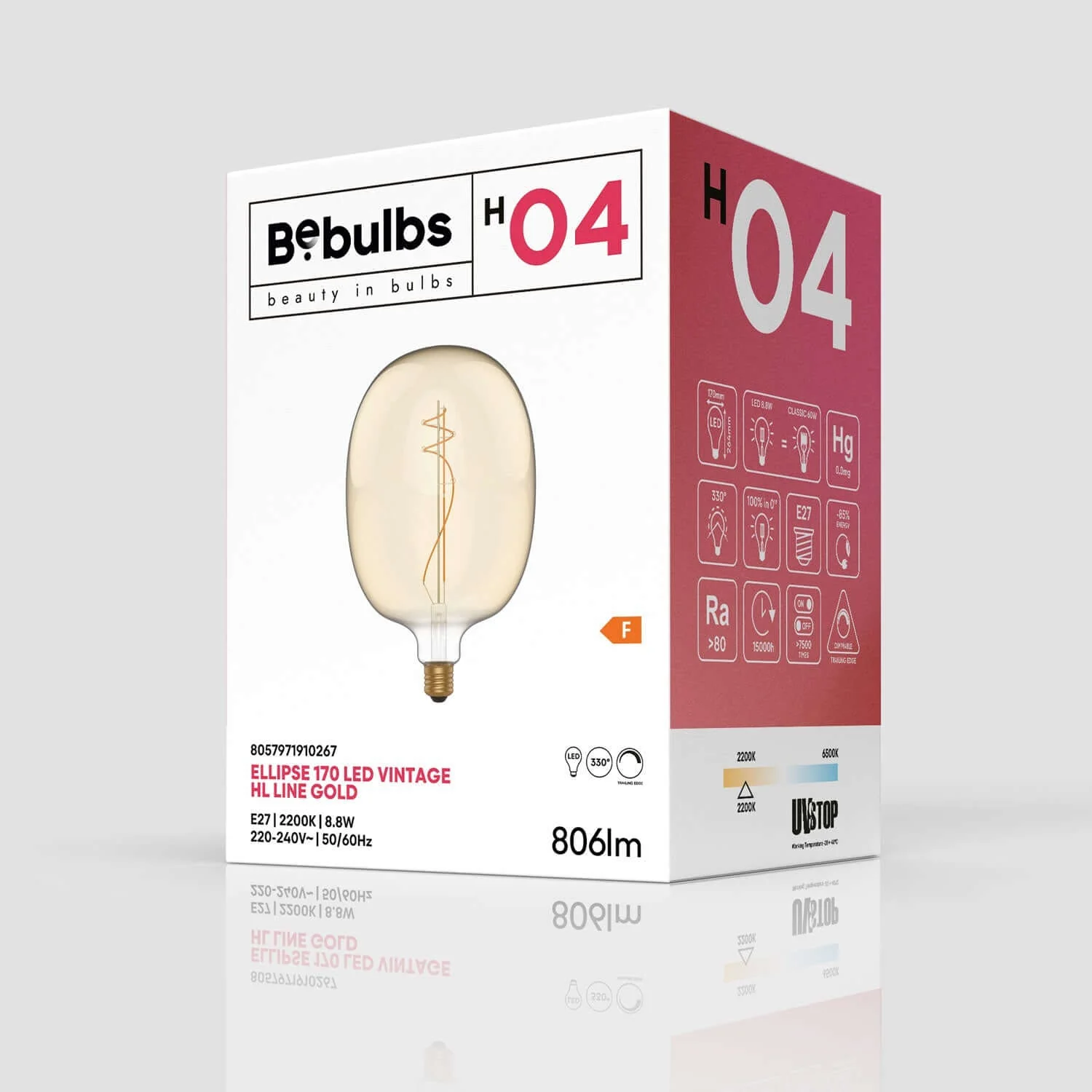 Gold Oval LED Light Bulb 170 8.8W 806Lm E27 2200K Dimmable - H04 - Image 4