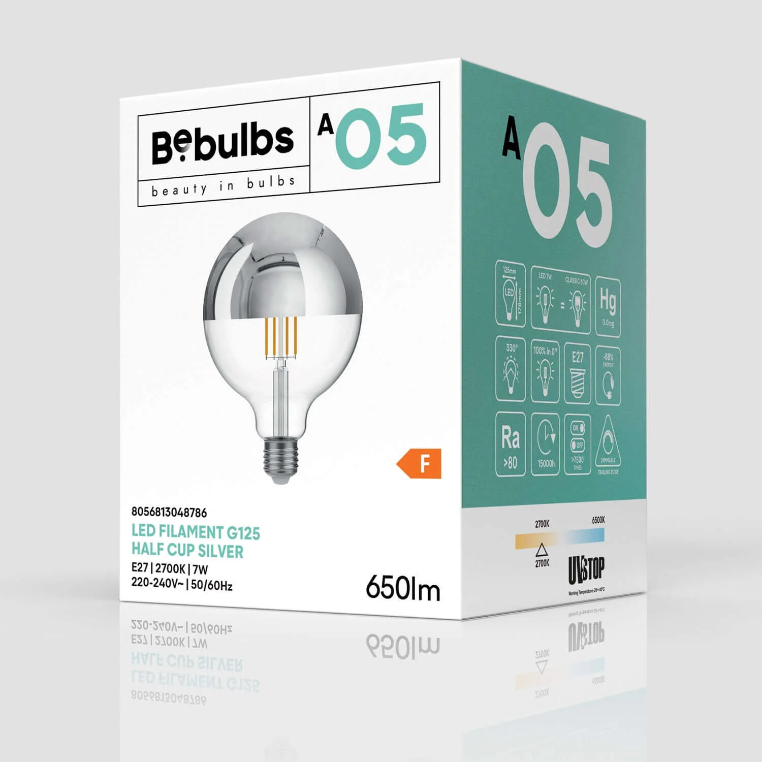 Light bulb LED Half Sphere Silver Globe G125 7W 650Lm E27 2700K Dimmable - A05 - Image 4