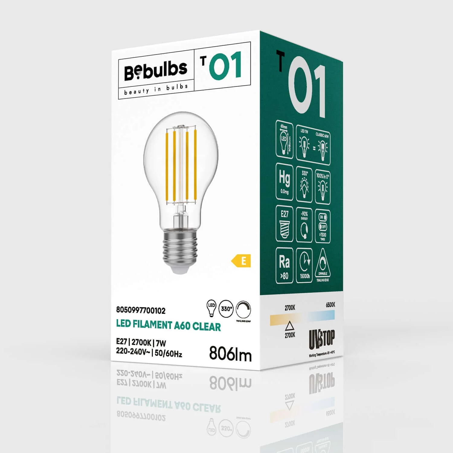 LED Transparent Drop Light bulb A60 7W 806Lm E27 2700K Dimmable - T01 - Image 4