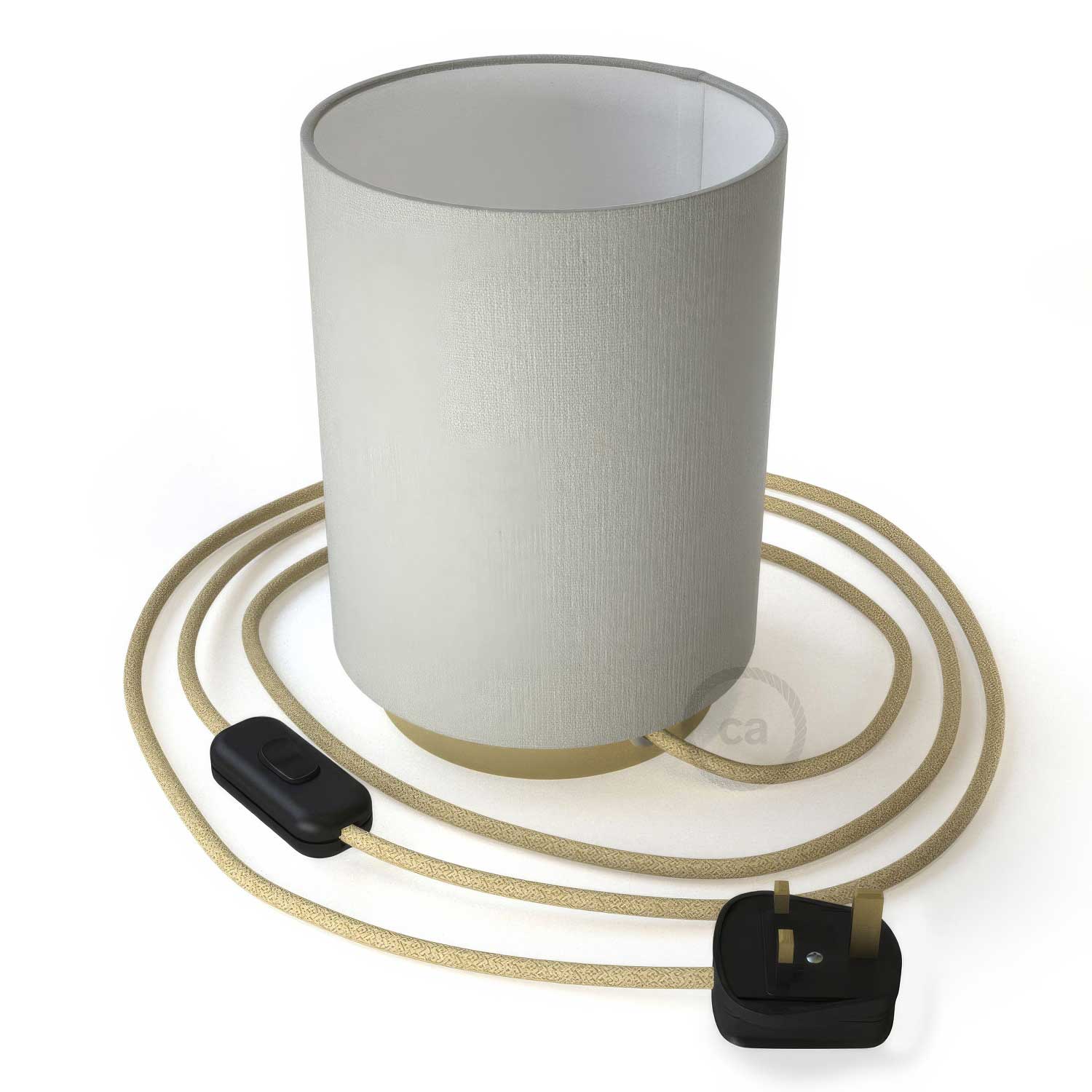 Metal Posaluce with White Linone Cylinder Lampshade and UK plug - Glossy white Linone