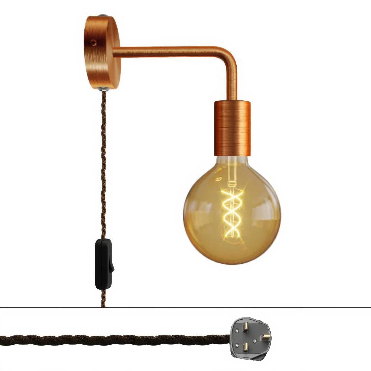 Spostaluce metal lamp with curved extension and UK plug - Satin copper