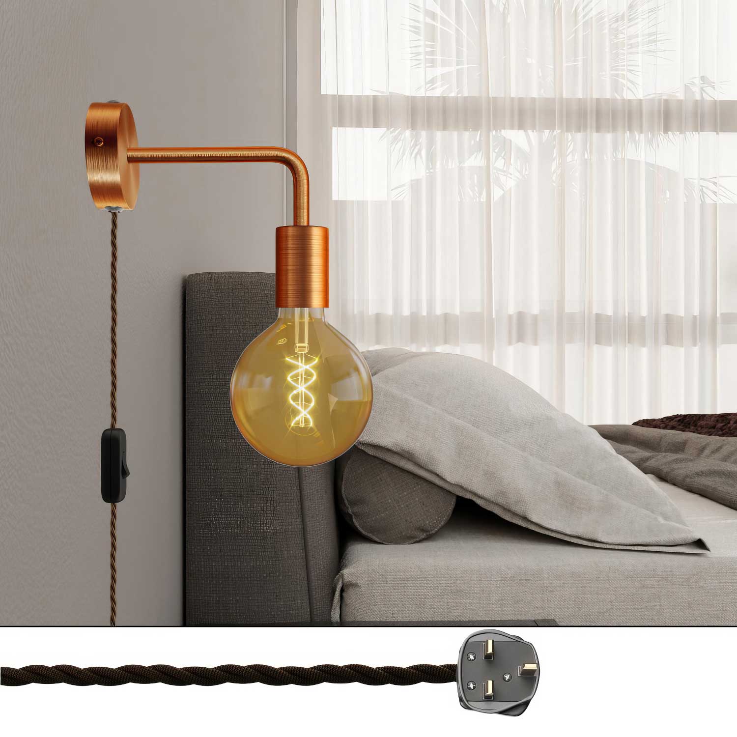 Spostaluce metal lamp with curved extension and UK plug - Satin copper - Image 2