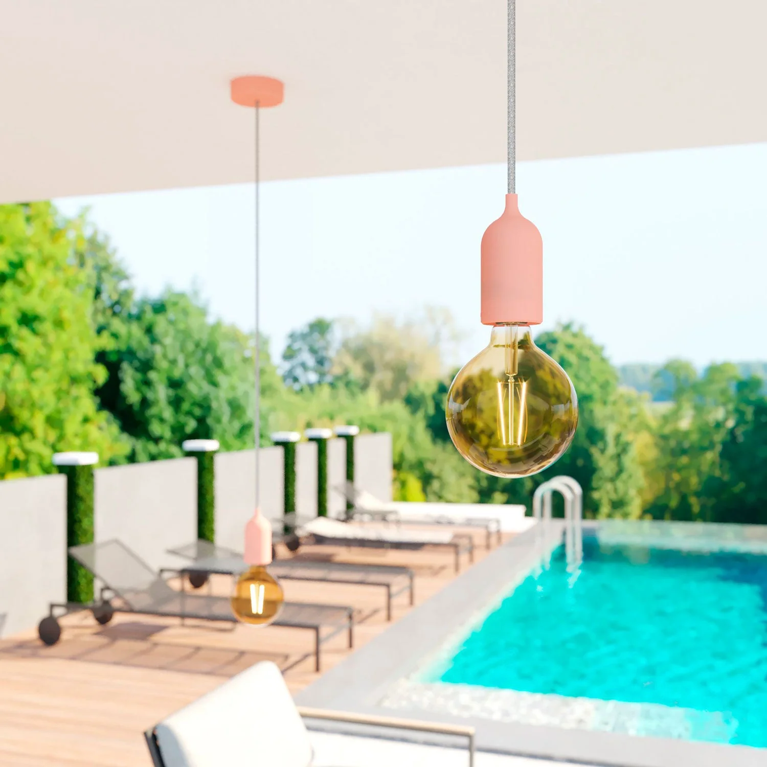 Modulair PASTEL Outdoor lamp with 1.5 m fabric cable, ceiling rose and silicone lamp holder, IP65 waterproof - Salmon - Image 2