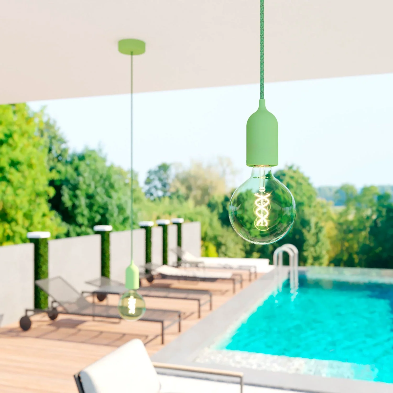 Modulair PASTEL Outdoor lamp with 1.5 m textile cable, ceiling rose and silicone lamp holder IP65 waterproof – Meadow green - Image 2