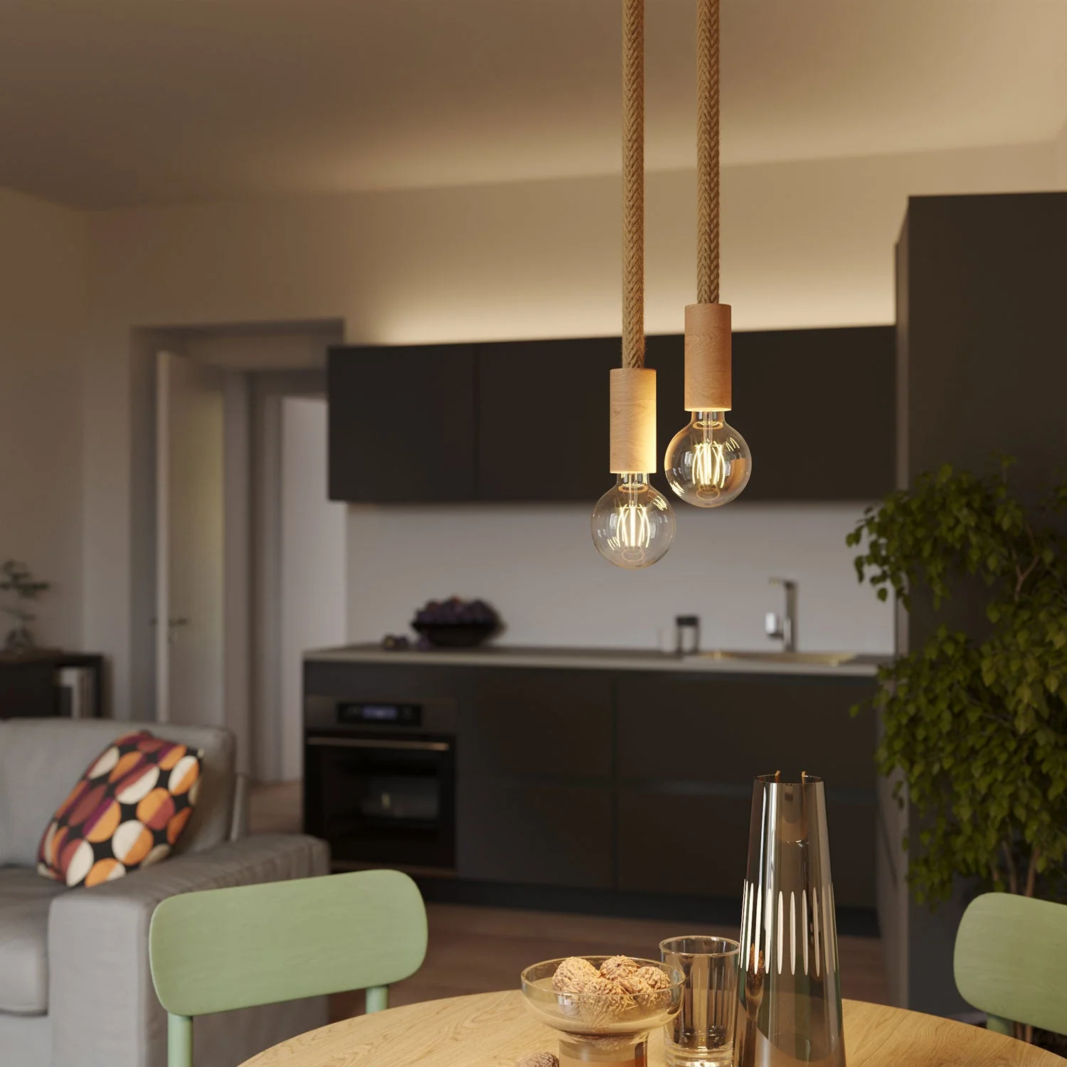 Multiple pendant lamp with 2 drops, complete with 2XL cord and wood finishes - Neutral - Image 2