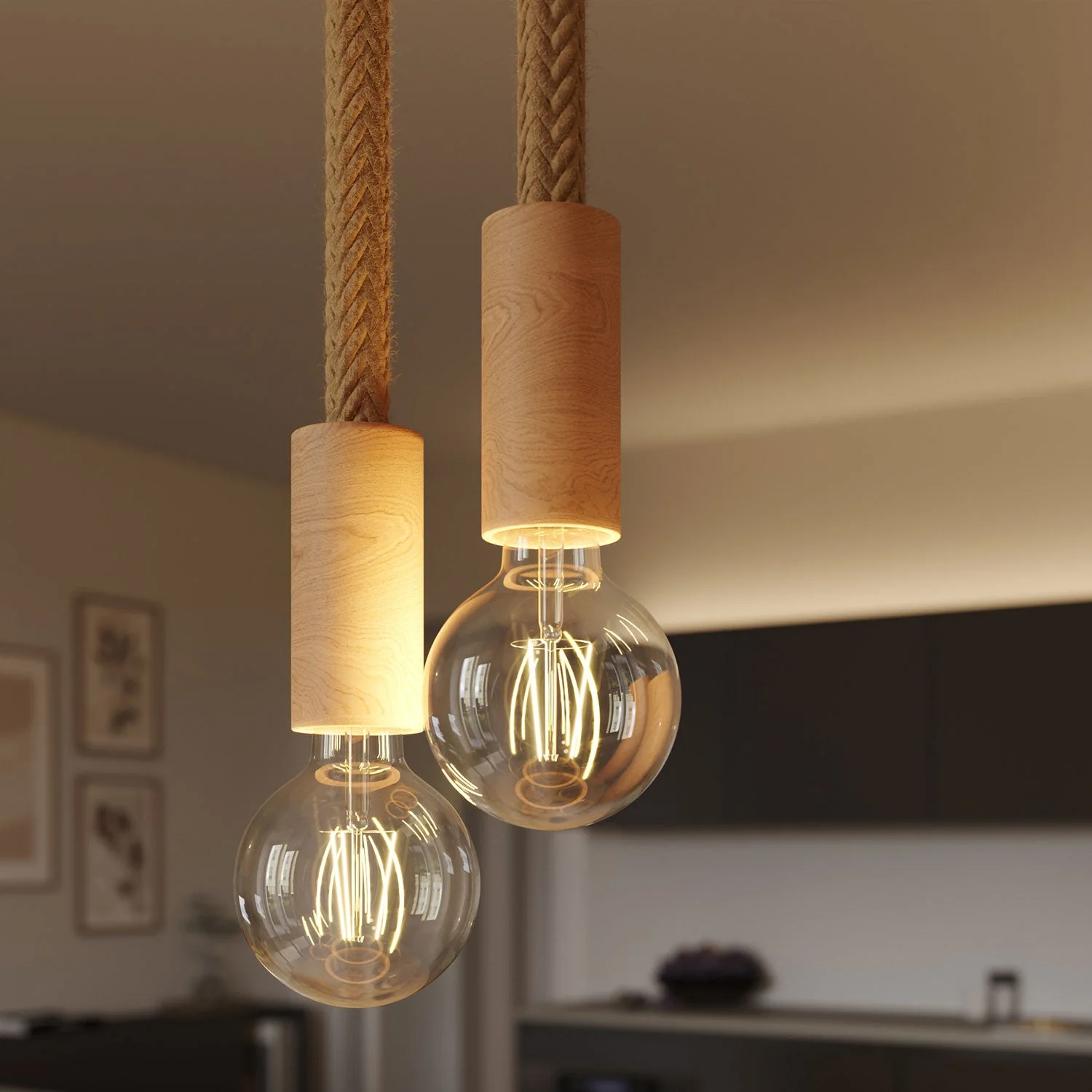 Multiple pendant lamp with 2 drops, complete with 2XL cord and wood finishes - Neutral - Image 3