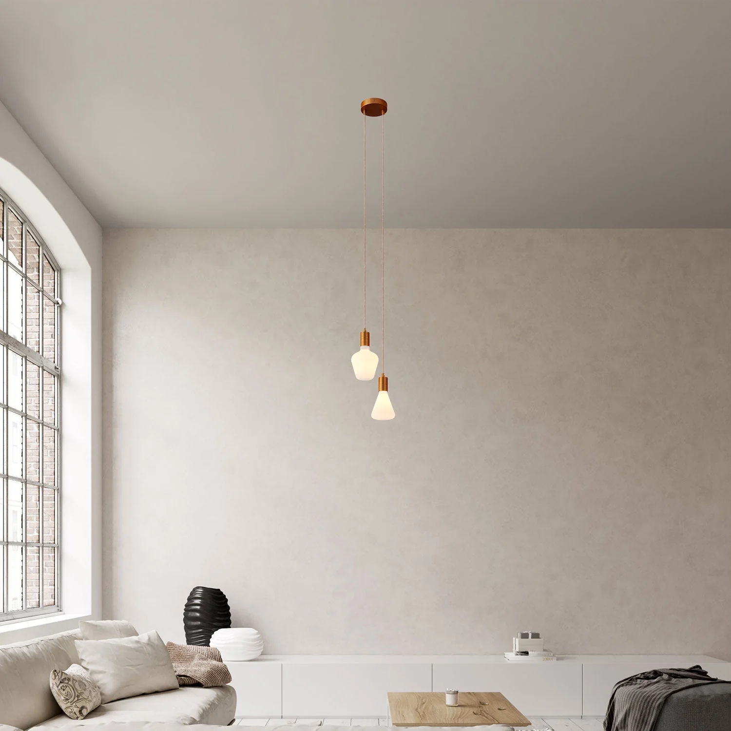 Multiple pendant lamp with 2 drops and metal finishes - Satin copper - Image 2