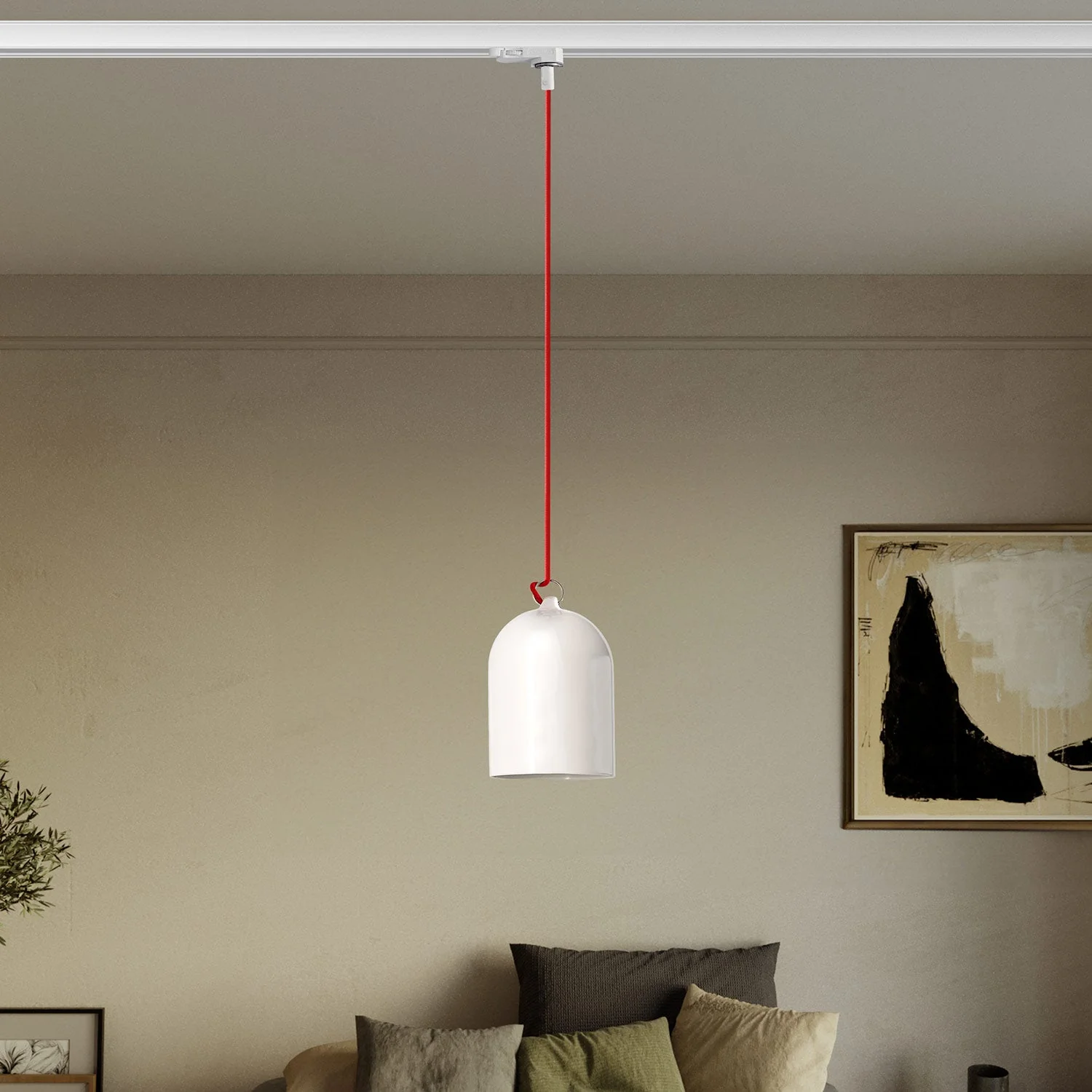 Track pendant with mini Bell ceramic lampshade - Glossy white - Image 2