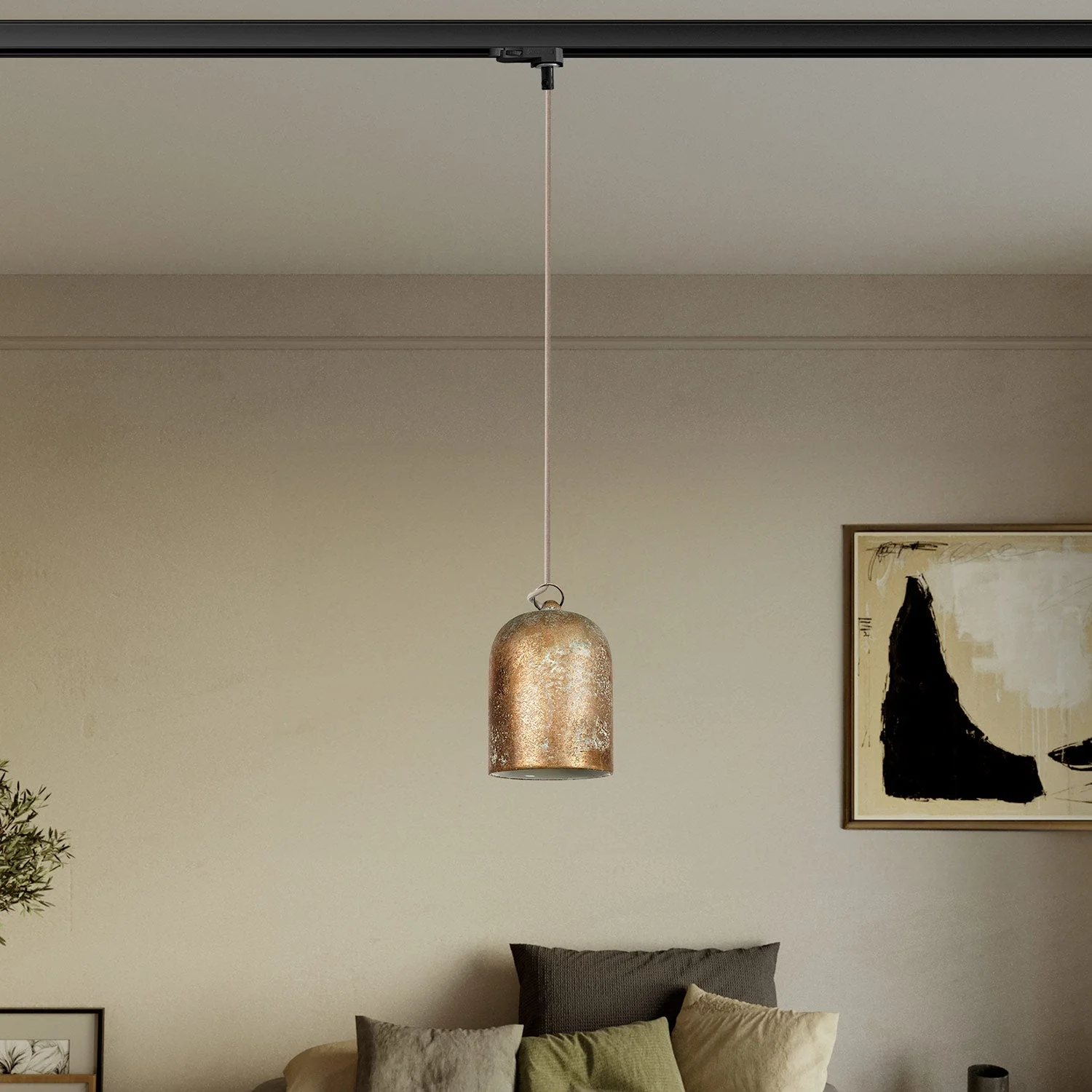 Track pendant with mini Bell ceramic lampshade - Green copper effect - Image 2