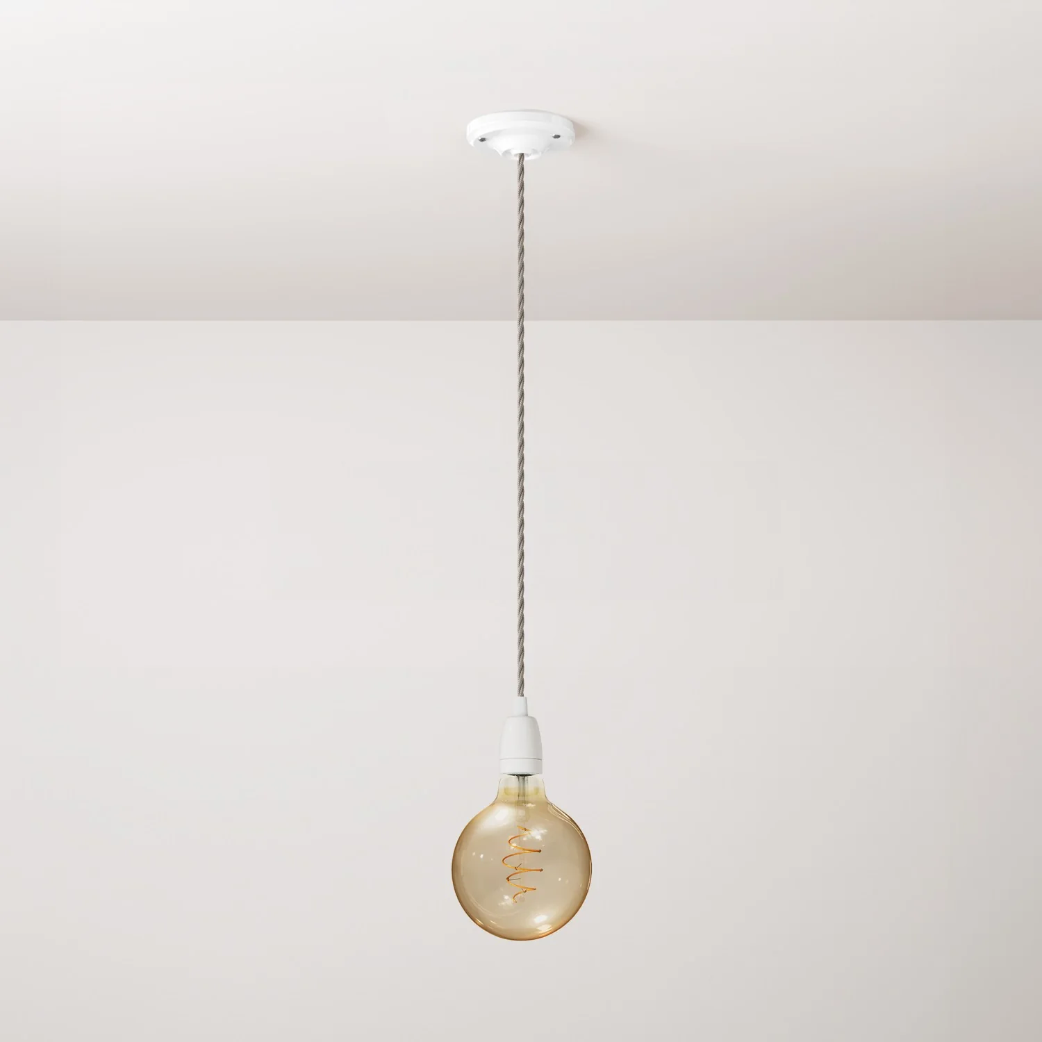 Pendant lamp complete with braided textile cable and white porcelain finishes - White