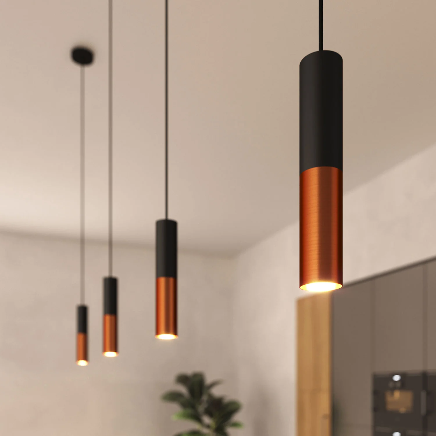 Pendant lamp with fabric cable and Tub-E12 double lampshade - Black and brushed copper - Image 2