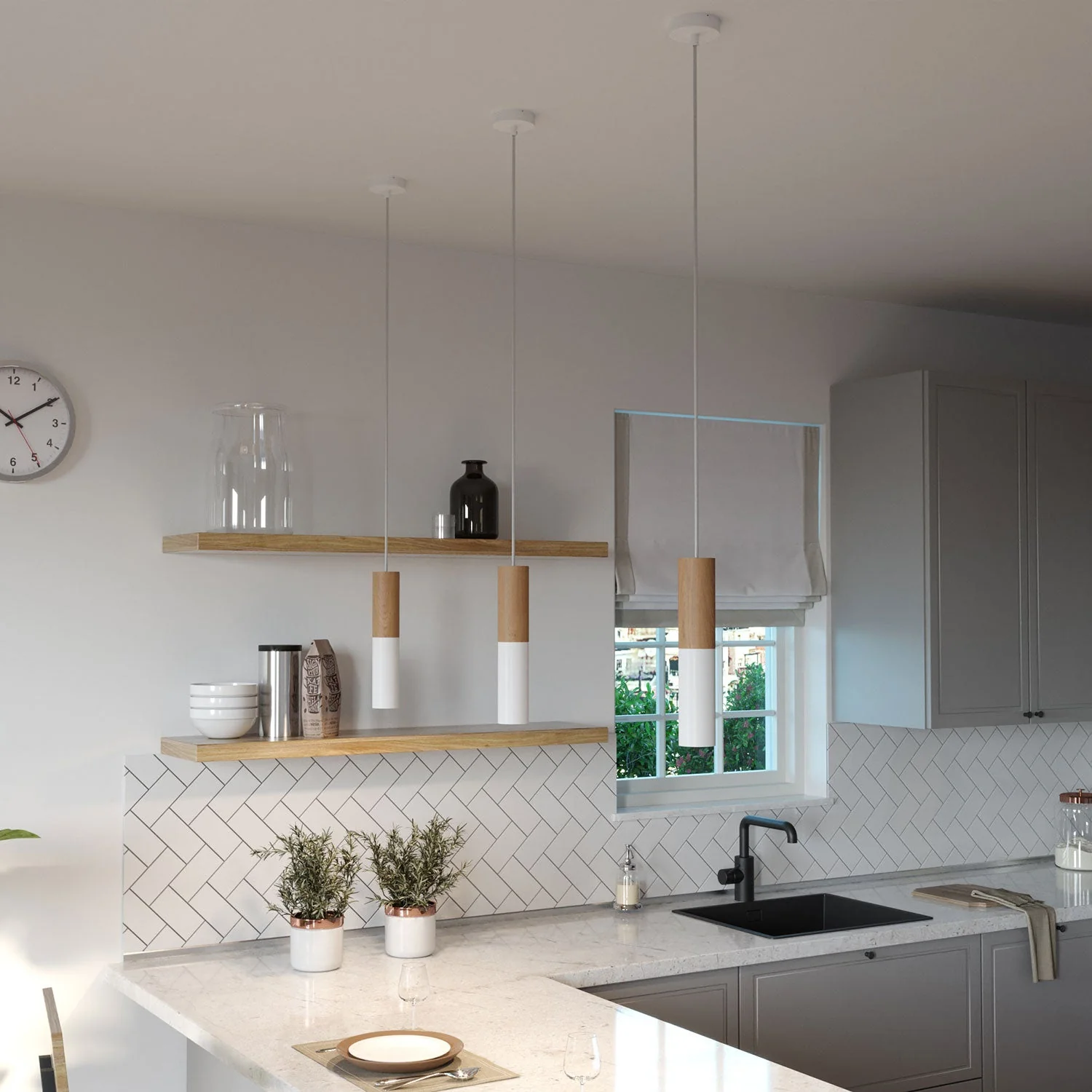 Pendant lamp complete with textile cable and double Tub-E14 lampshade in wood and metal - Matt white - Image 3