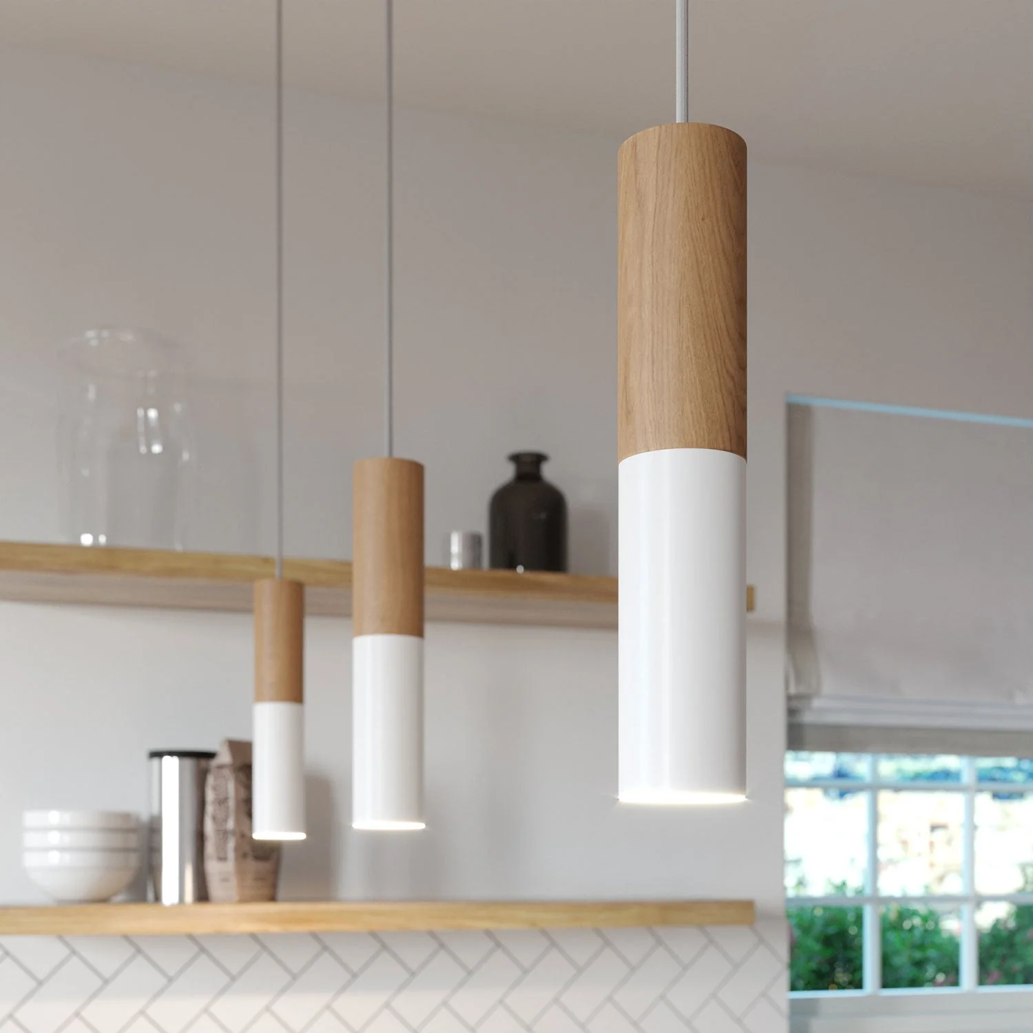 Pendant lamp complete with textile cable and double Tub-E14 lampshade in wood and metal - Matt white - Image 4