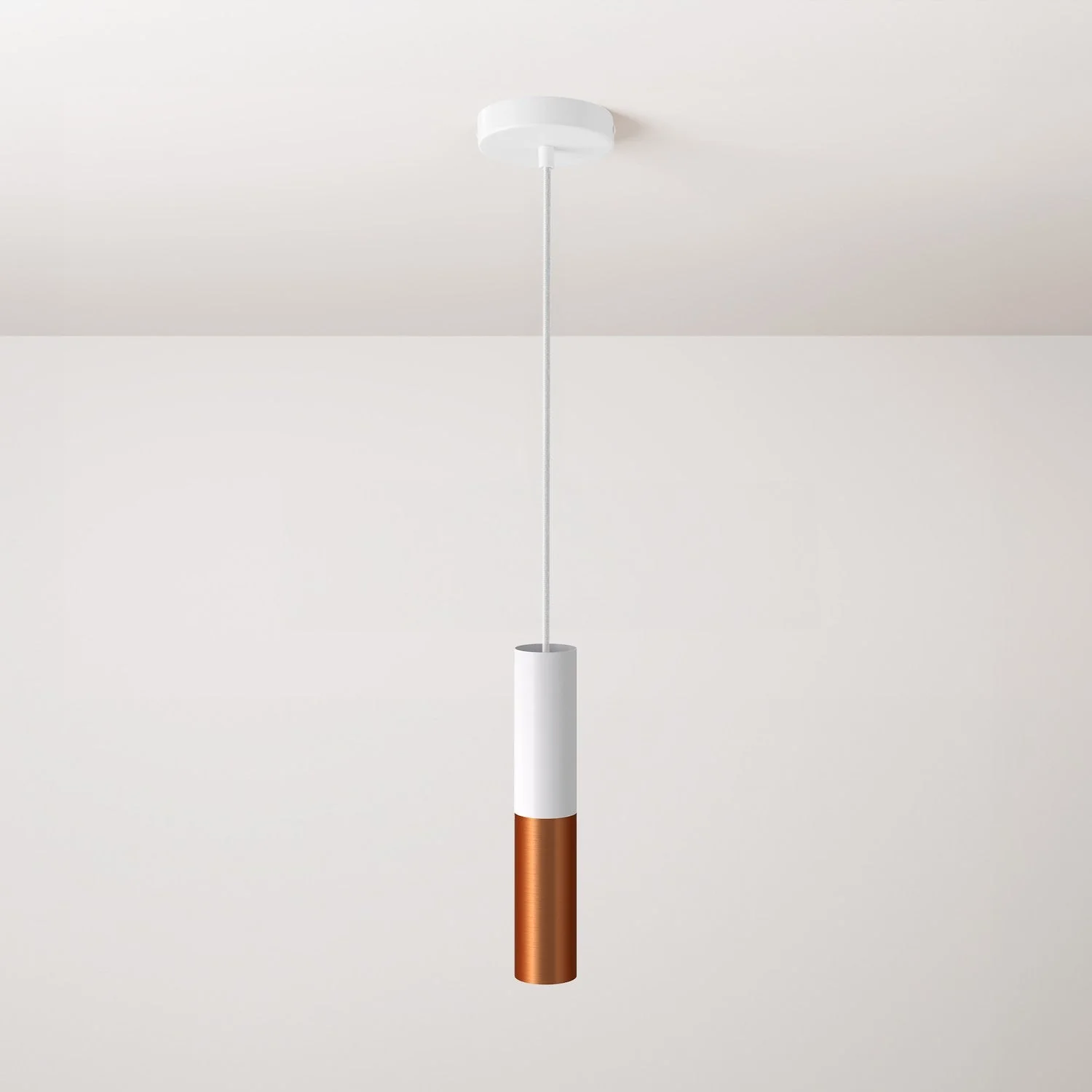 Pendant lamp complete with textile cable and double Tub-E14 lampshade - Matt white and Satin copper