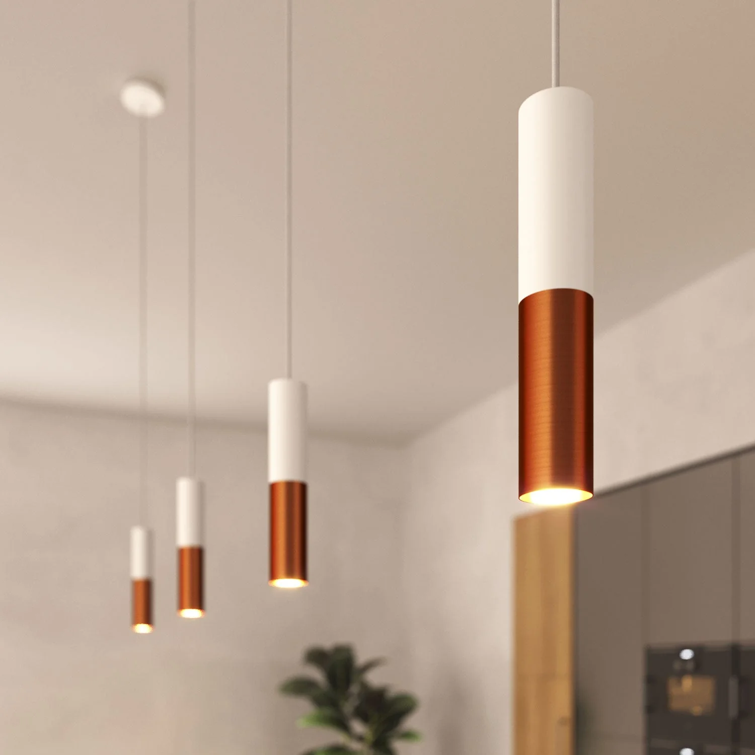 Pendant lamp complete with textile cable and double Tub-E14 lampshade - Matt white and Satin copper - Image 3