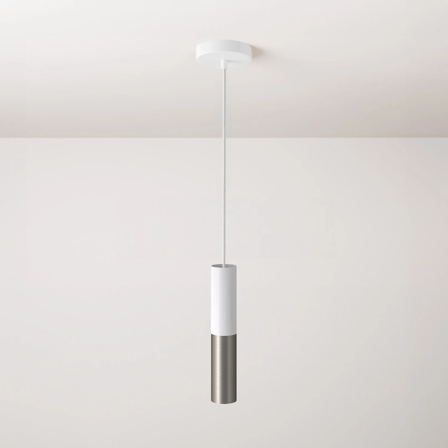 Pendant lamp complete with fabric cable and double Tub-E14 lampshade - Matt white and Satin titanium