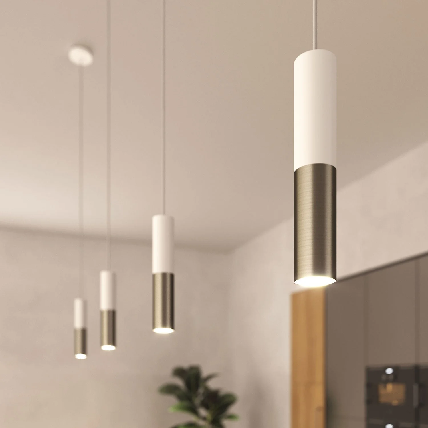 Pendant lamp complete with fabric cable and double Tub-E14 lampshade - Matt white and Satin titanium - Image 3