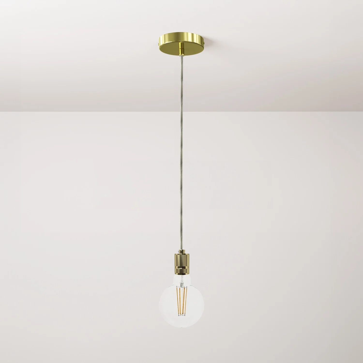 Pendant lamp complete with fabric cable and knurled aluminium lamp holder - Brass