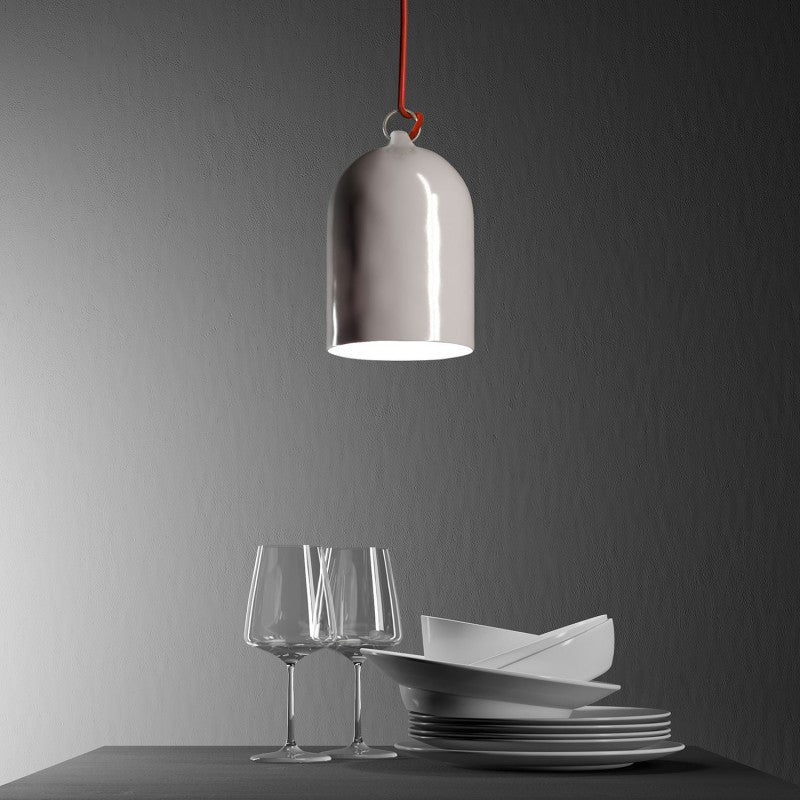 Pendant lamp complete with textile cable and Mini Bell XS ceramic lampshade - Glossy white - Image 3