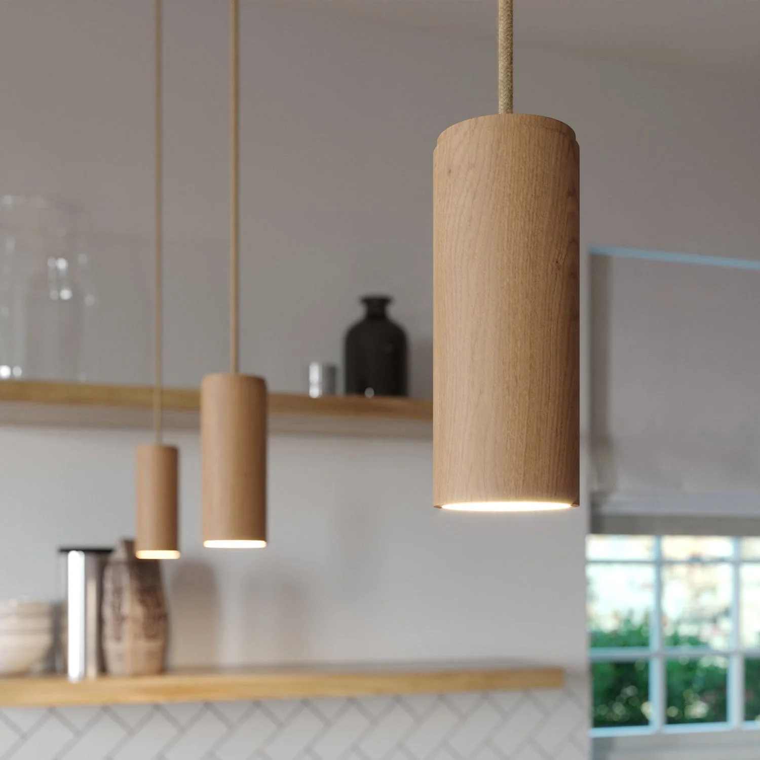 Pendant lamp complete with fabric cable and Tub-E14 wooden lampshade - Neutral - Image 3
